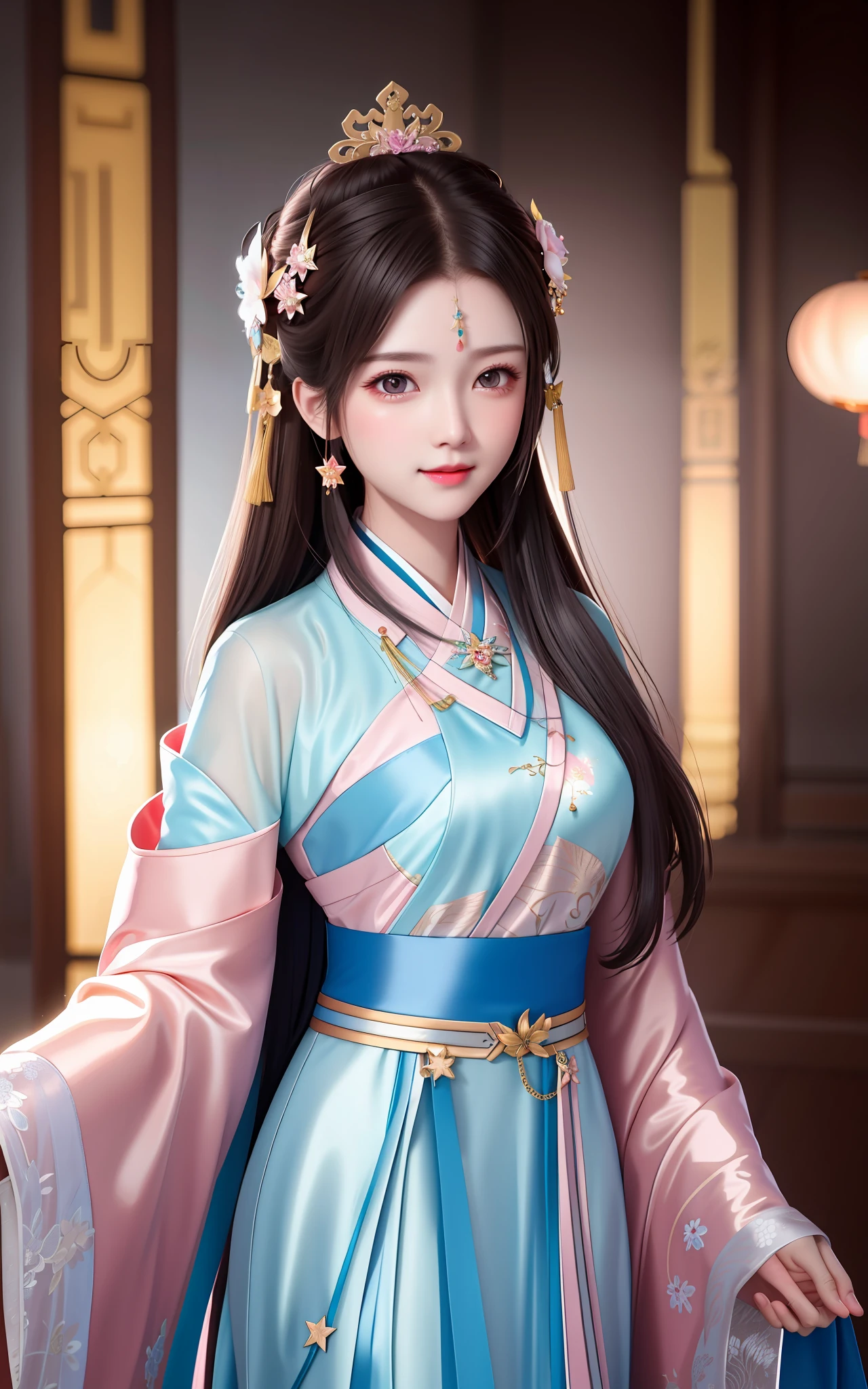 best quality, masterpiece, highres, 1girl,blush,(seductive smile:0.8),star-shaped pupils,china hanfu,hair ornament,necklace, jewelry,Beautiful face,upon_body, tyndall effect,photorealistic, dark studio, rim lighting, two tone lighting,(high detailed skin:1.2), 8k uhd, dslr, soft lighting, high quality, volumetric lighting, candid, Photograph, high resolution, 4k, 8k, Bokeh
