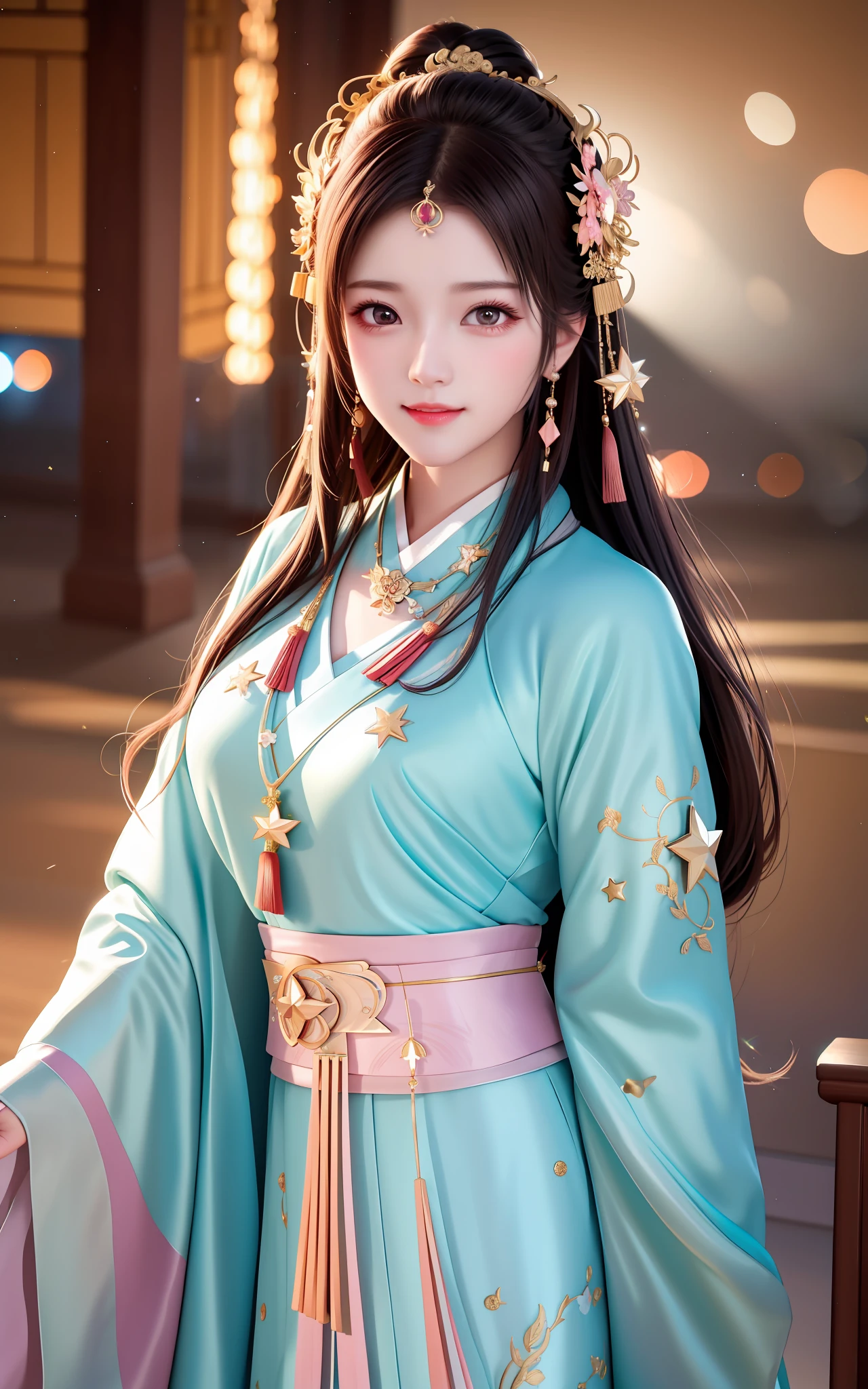 best quality, masterpiece, highres, 1girl,blush,(seductive smile:0.8),star-shaped pupils,china hanfu,hair ornament,necklace, jewelry,Beautiful face,upon_body, tyndall effect,photorealistic, dark studio, rim lighting, two tone lighting,(high detailed skin:1.2), 8k uhd, dslr, soft lighting, high quality, volumetric lighting, candid, Photograph, high resolution, 4k, 8k, Bokeh