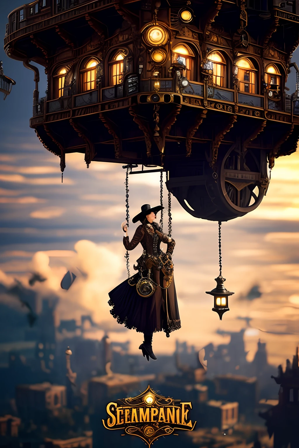 SteamPunkAI, Cogpunk, City Castle, Steampunk, a sexy woman suspended in mid-air