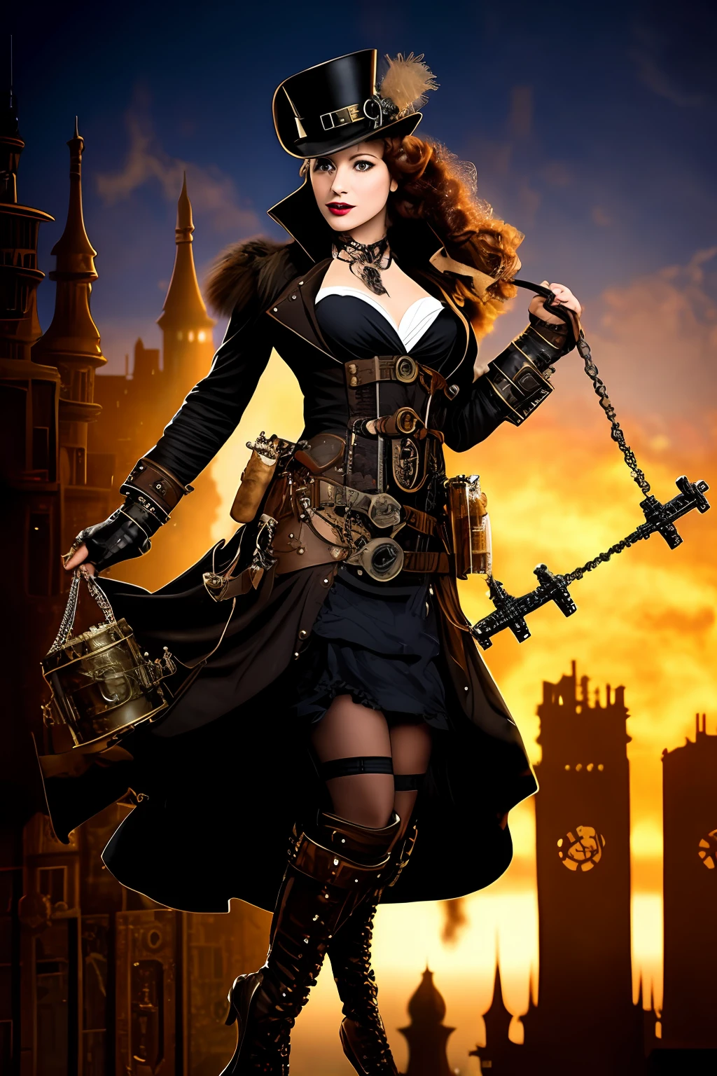 SteamPunkAI, Cogpunk, City Castle, Steampunk, a sexy woman suspended in mid-air