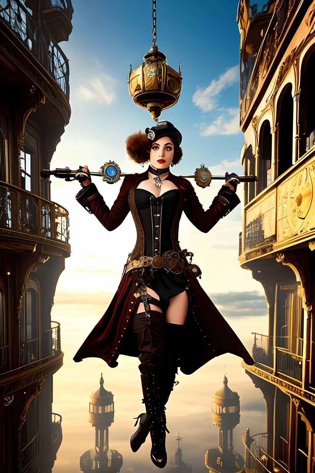 SteamPunkAI, Cogpunk, City Castle, Steampunk, a sexy woman suspended in mid-air