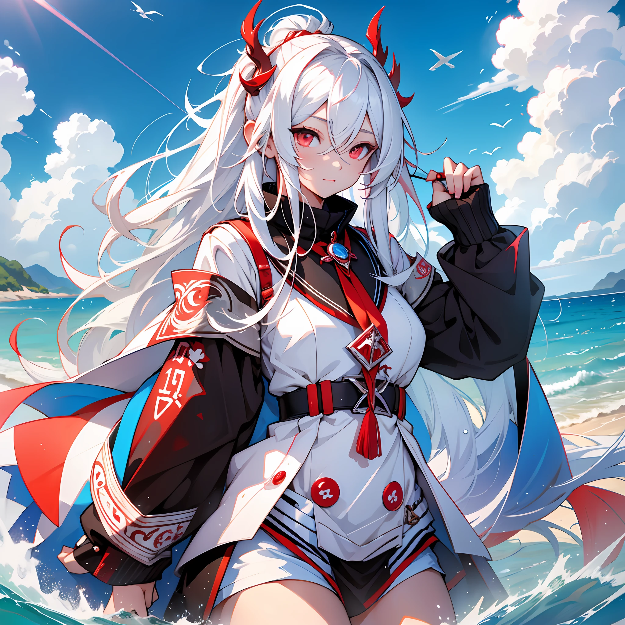 Long white hair, red eyes, beautiful girl, cherry small mouth, lively and cute, seaside, blue sky and white clouds --auto --s2