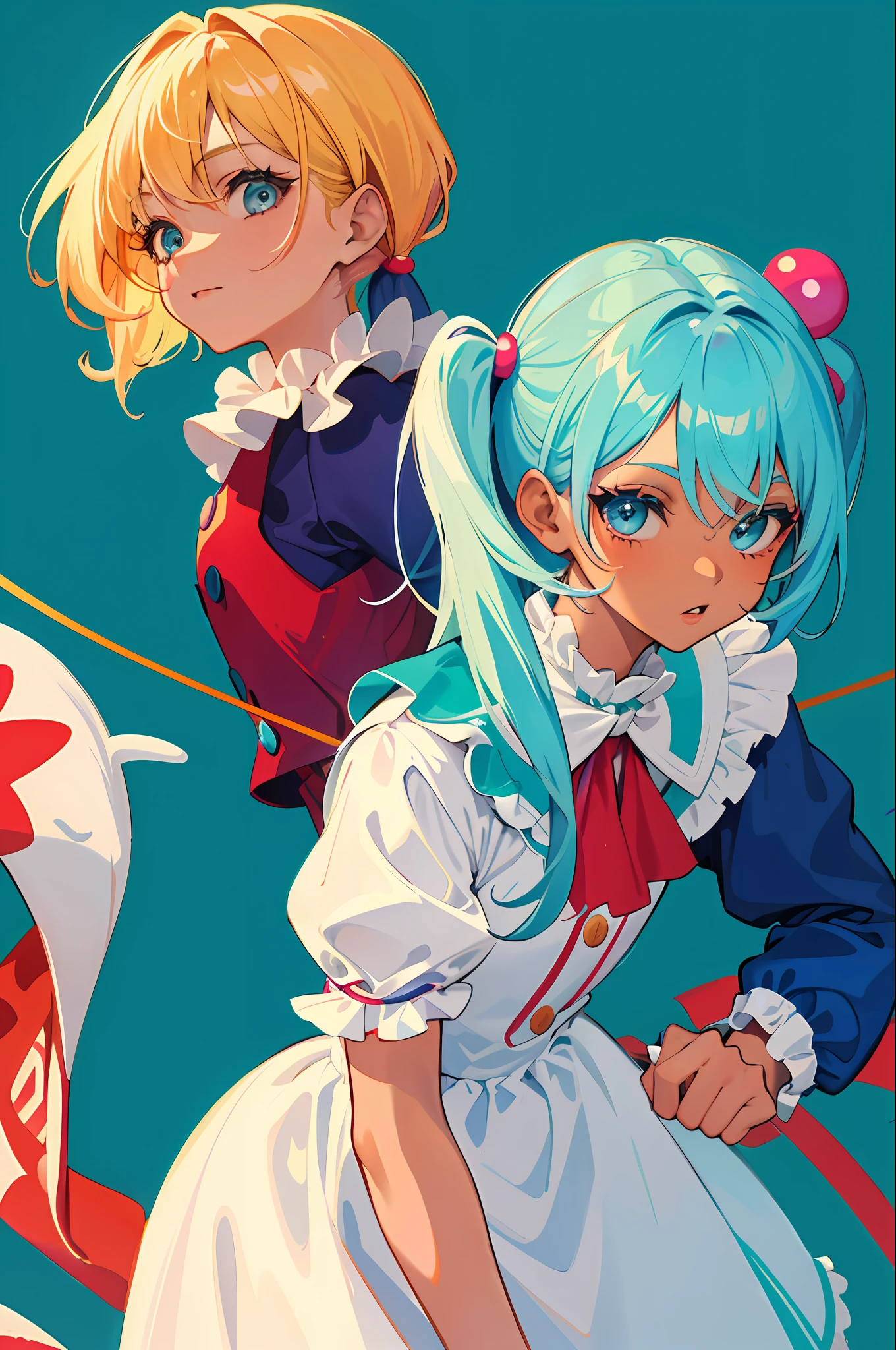 3girl, dark skin girl with blonde hair and white dress, pale girl with blue hair and teal outfit, girl with red and blue hair and pigtails and clown outfit, circus background, stuffed animals, cute, masterpiece, soft lighting, soft
