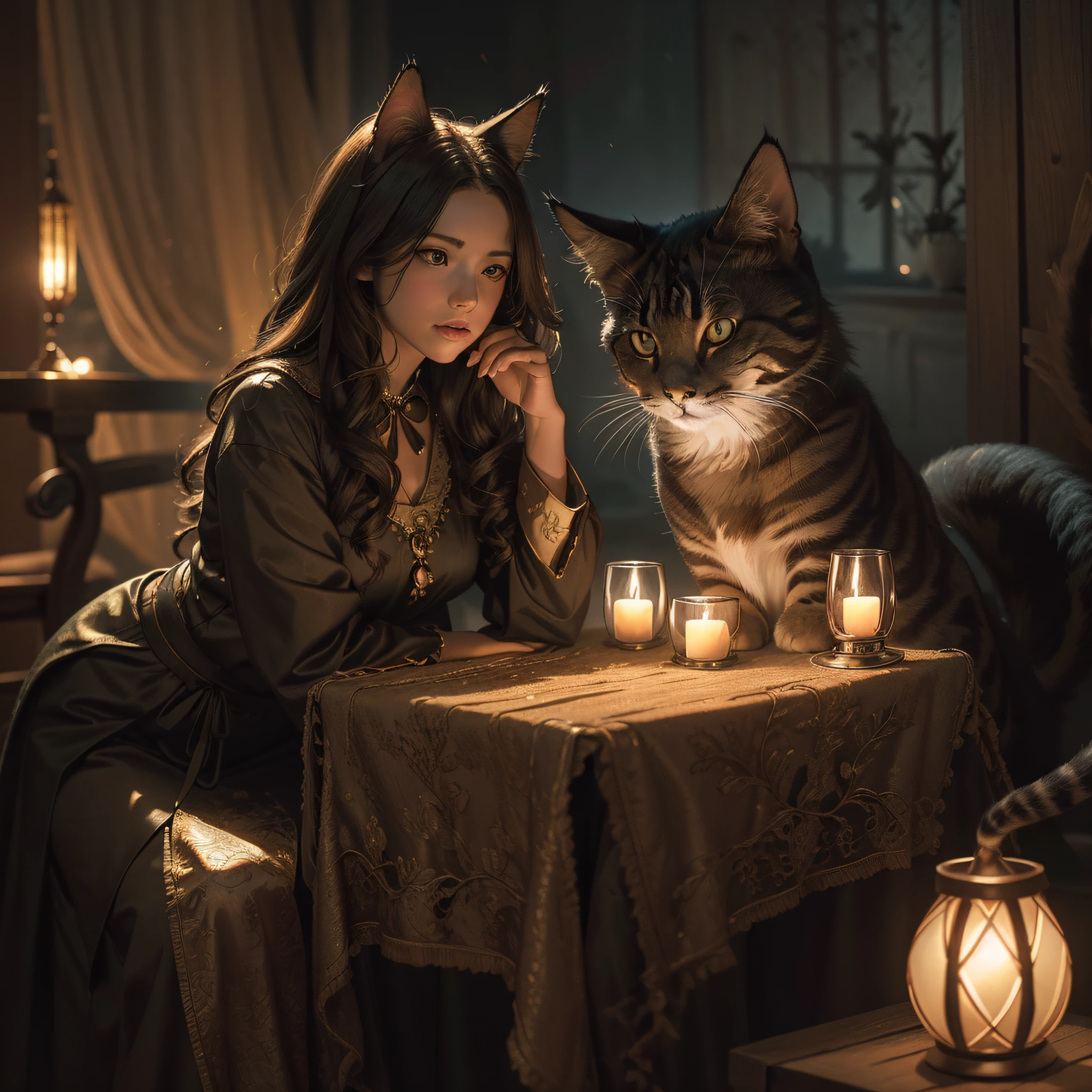 (RAW photo, best quality), (realistic, photo-realistic:1.3), finely detail, masterpiece, highres,best illustration,depth of field,(dramatic lighting:1.4),high quality,(film grain),
Neko witch, Neko ears and tail, cat spell, cat familiar, cat caf, enchantment magic,
Warm Highlights, Inviting Atmosphere, Honeyed Tones,
