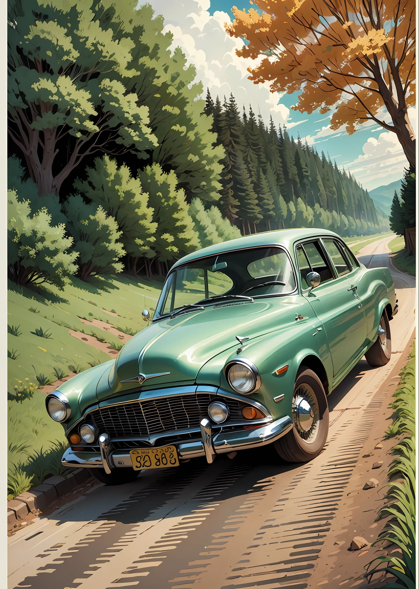 Old car of the 60s in spring landscape, poster design, vector graphics, vector style