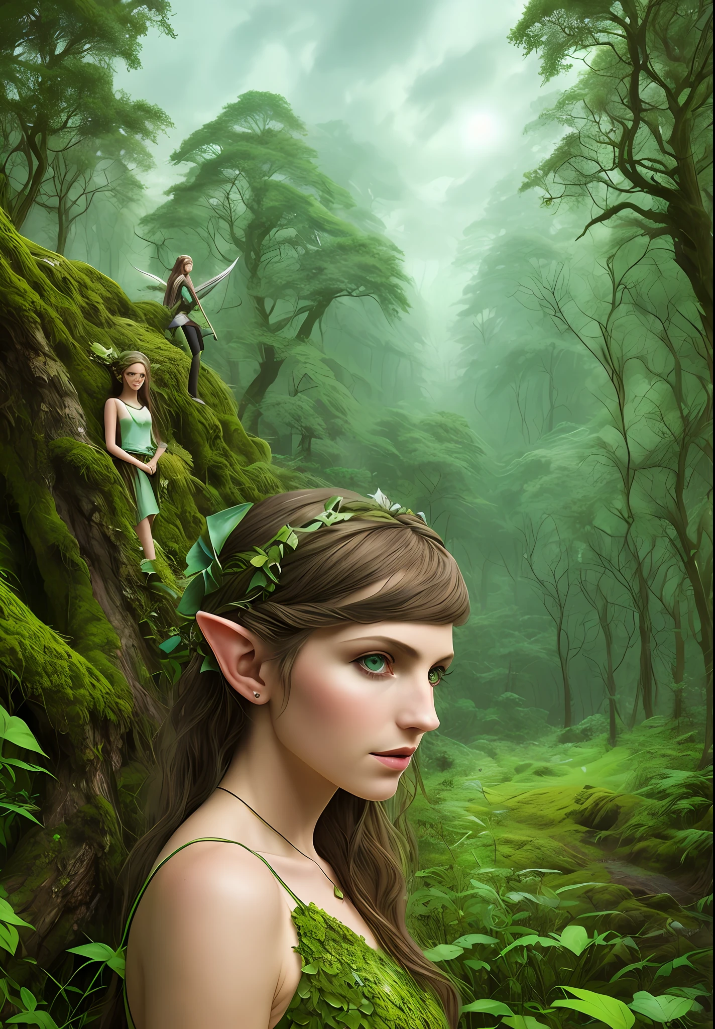 A portrait of an iconic fantasy, a portrait of a elf with green eyes and pointy Vulcan ears dancing in a overgrown trees, in the style of realistic and hyper-detailed renderings, chilling creatures, 32k uhd, andrea kowch, pseudo-realistic with wind swept hair, realistic, in realistic mossy Forest photography by David bailey. Hasselblad CFV II 50C digital camera ,4k ,sharp focus ,bright colour ,(soft suntanned skin)