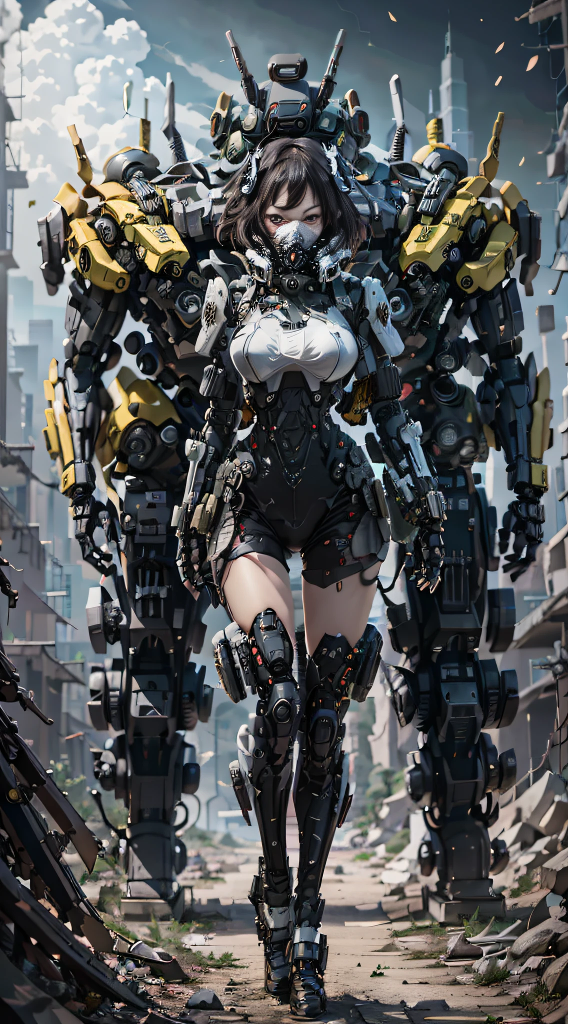 This is a CG Unity 8k wallpaper with ultra-detailed, high-resolution and top quality in cyberpunk style, dominated by black and red. In the picture, a beautiful girl with white messy short hair, a delicate face, wearing a steam mecha mask, standing on the ruins, behind her is a huge robot, and the action of a woman holding a heavy sniper rifle in her hand,