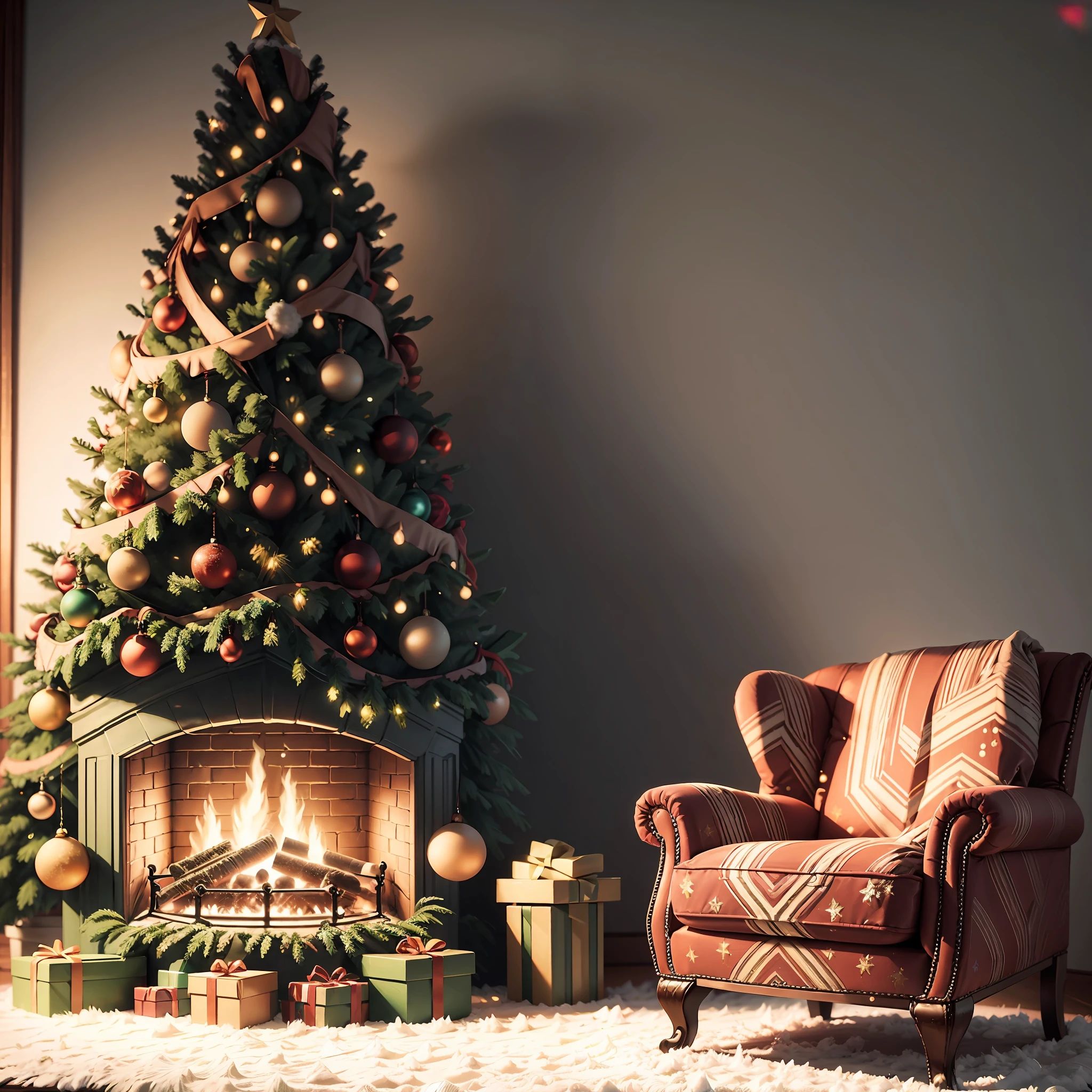 front view full christmas tree, armchair and fireplace, real photography, super realistic rendering, realistic rendering, 8k, --auto --v6 --s2