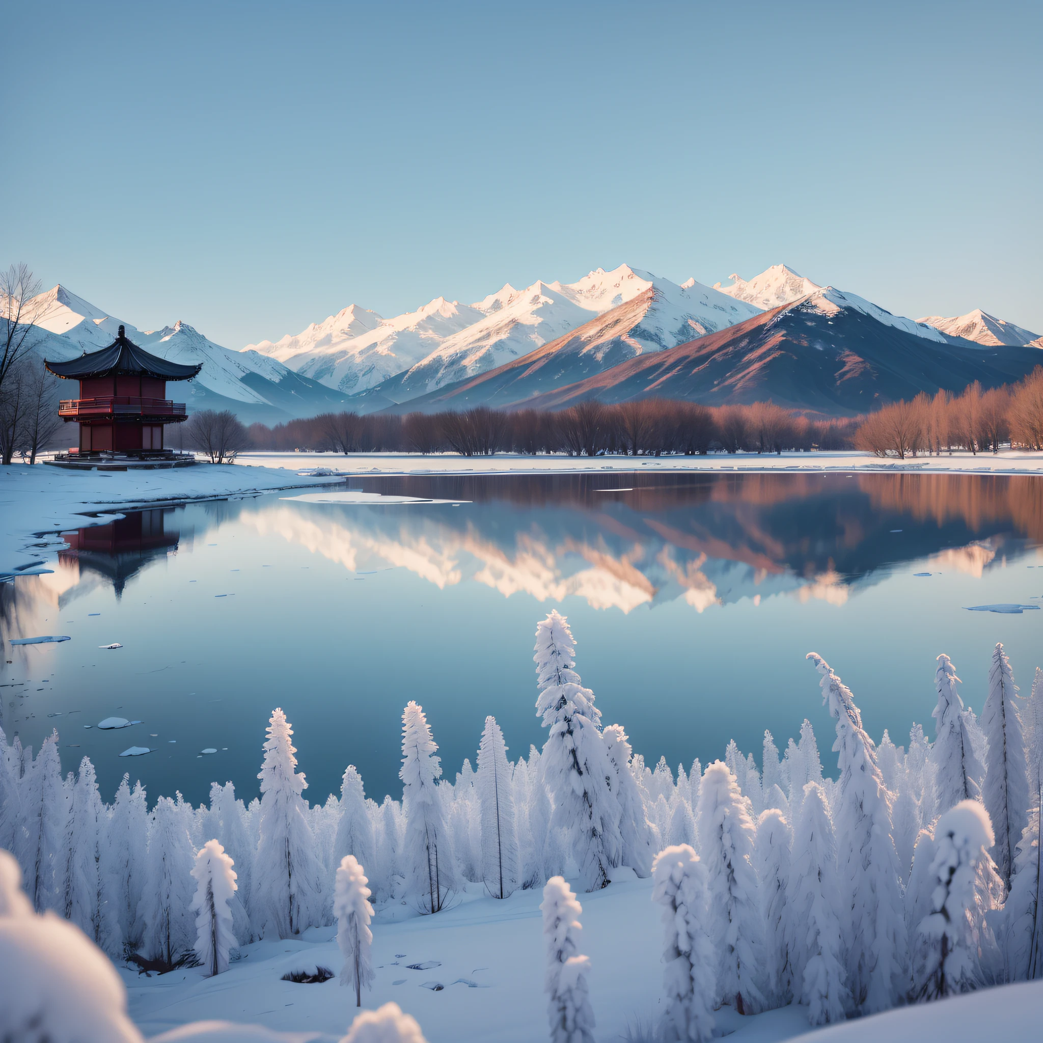 The surface of the lake is filled with ice flowers, and the sky, clouds, mountains and water are mixed into one, and it is white. The shadow on the lake is only a trace faintly revealed in the snow by the West Lake causeway, a little outline of the lake pavilion, and my small boat, two or three figures in the boat. --auto --s2