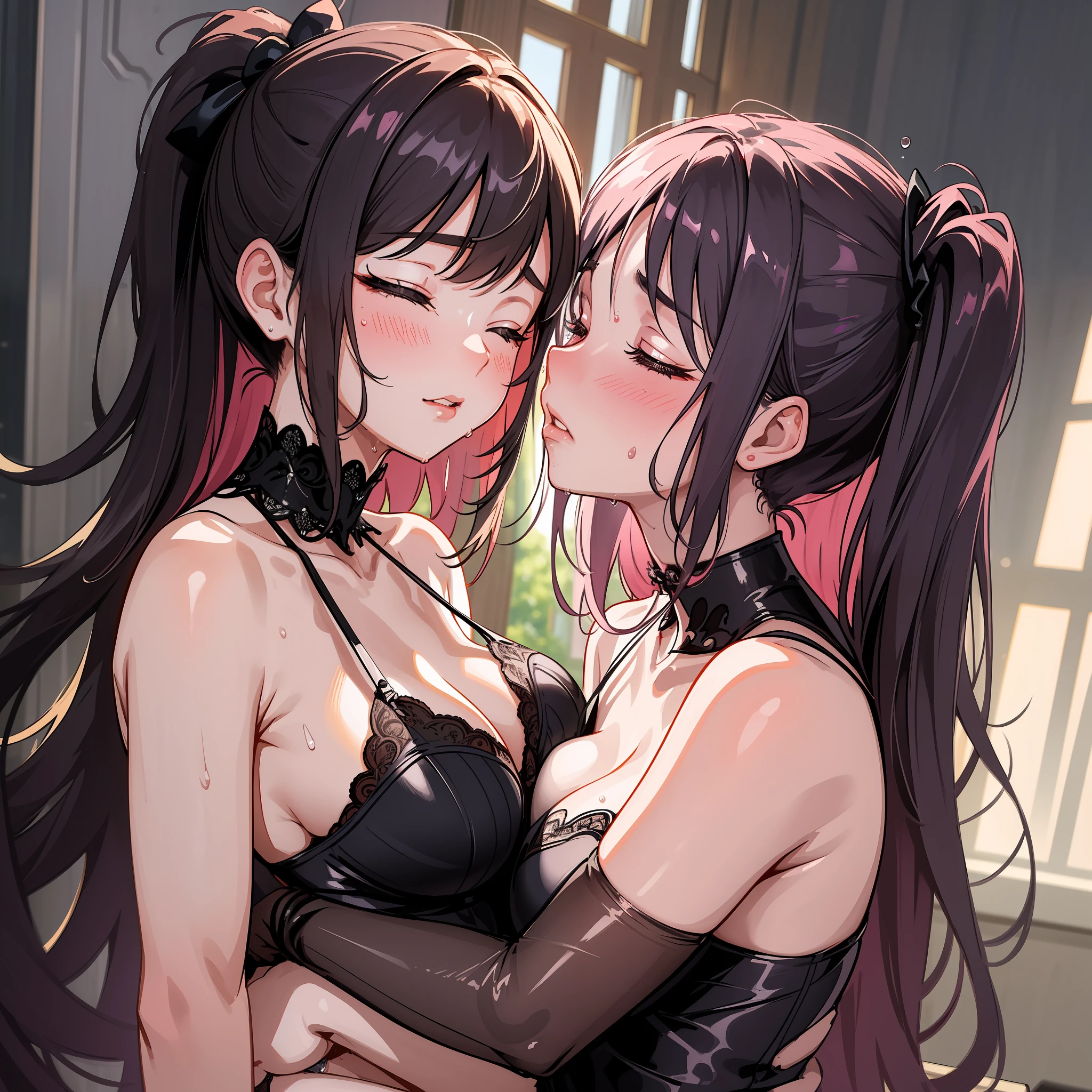 master-piece,hyper quality,hyper detailed,perfect drawing,two beautiful girls, lovers, staring at each other, hugging each other's breasts as if pressing, dodging kisses, kissing, closing eyes, ajar lips, sucking lips strongly, drooling (1.5), gothic ta, sexy lingerie, see-through panties, moist eyes, sweat, wet underwear, wet and sticky crotch, brilliant, beautiful, blush (0.2), sensual, seductive, ecstatic, seductive, sexual, passionate, indulgence, forward light, bedroom, taken from the front diagonally below,