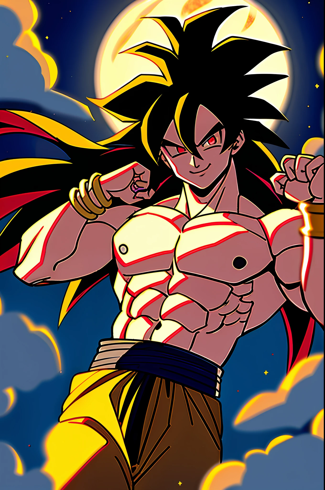Son goku black, 1boy, backlight, red eyes, golden hair, black bracelet, mouth closed, monkey, lock of hair, hands up, yellow particles, looking at viewer, male focus, muscular, muscular man, pectorals, smile, moon, long hair doctor, upper body, bracelet, ((masterpiece))