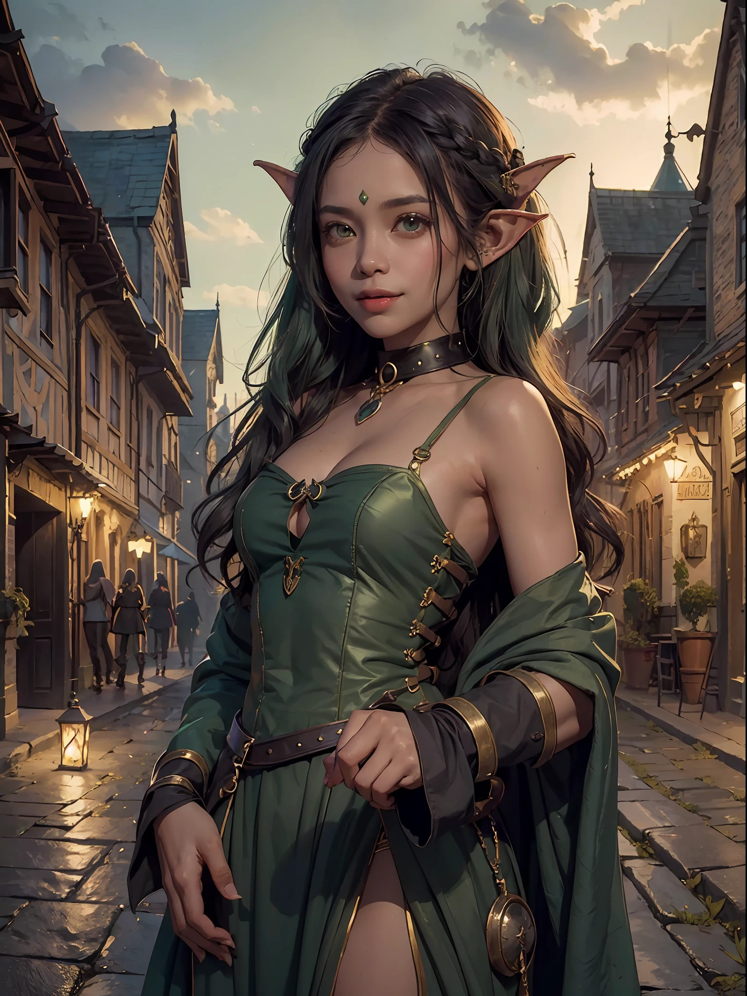 (masterpiece, breathtaking quality),, (medieval, goblin girl:1.2), servant clothes, shy smile, (dark green skin:1.2), (tied up hair, black hair:1.1), collar, (medieval city background:1.2).