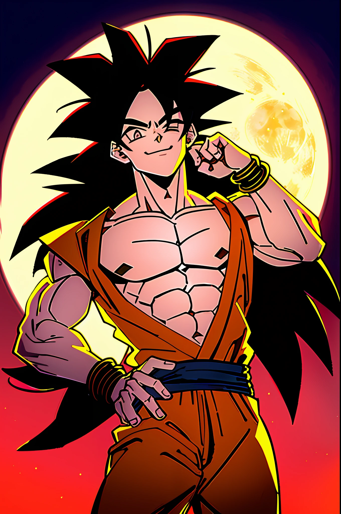 Son goku black, 1boy, backlight, red eyes, golden hair, black bracelet, mouth closed, monkey, lock of hair, hands up, yellow particles, looking at viewer, male focus, muscular, muscular man, pectorals, smile, moon, long hair doctor, upper body, bracelet, ((masterpiece))