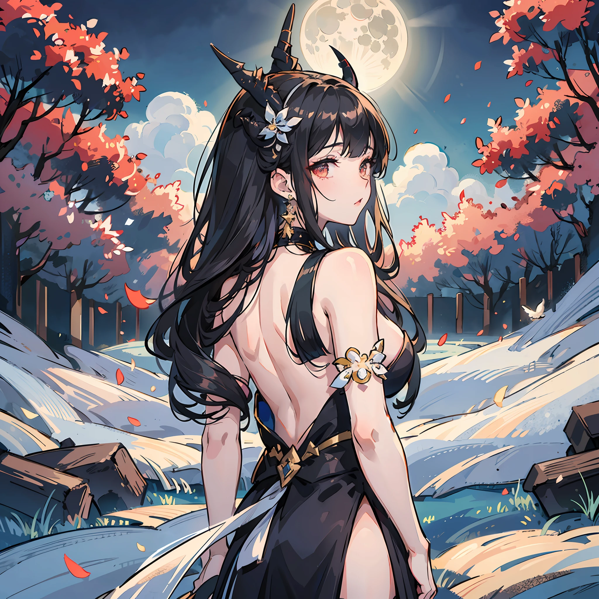 atdan, 1girl, azur lane, backless dress, backless outfit, bangs, bare shoulders, bare tree, bird, black choker, black dress, black hair, blunt bangs, choker, dress, earrings, full moon, hair ornament, hime cut, horns, jewelry, light rays, long dress, long hair, looking at viewer, moon, moonlight, noshiro \(azur lane\), noshiro \(the gala’s sanctuary\) \(azur lane\), oni horns, ruins, sleeveless dress, solo, tree, very long hair, upper body, arms down , ((masterpiece)) --auto --s2