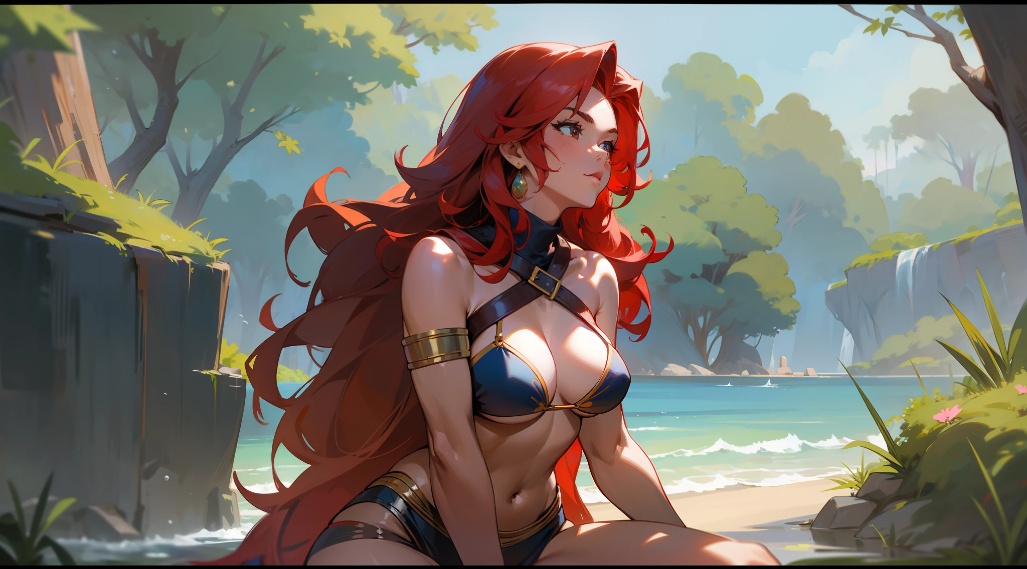 Mature woman, strong, dark skin, bikini, warrior, long red hair, 80s, fantasy.