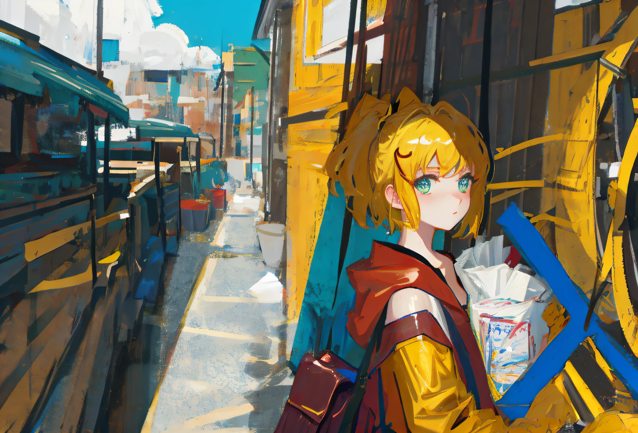 anime girl with blonde hair and blue eyes standing in front of a bus, anime style 4 k, anime styled digital art, artwork in the style of guweiz, digital cyberpunk anime art, anime style. 8k, anime style illustration, digital anime illustration, made with anime painter studio, painted in anime painter studio, guweiz on pixiv artstation