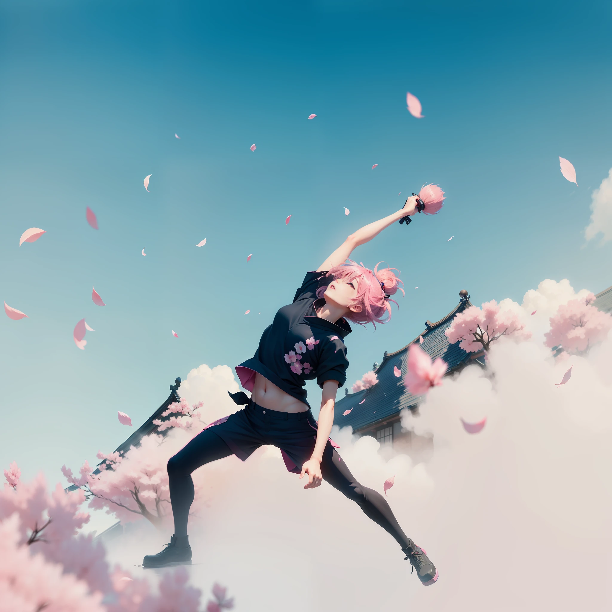 (which, 人物:1.5, blowing hair,
pink hair, sakura petals around,
blurred background, digital painting quality,
saturated colors, anime style) --auto --s2