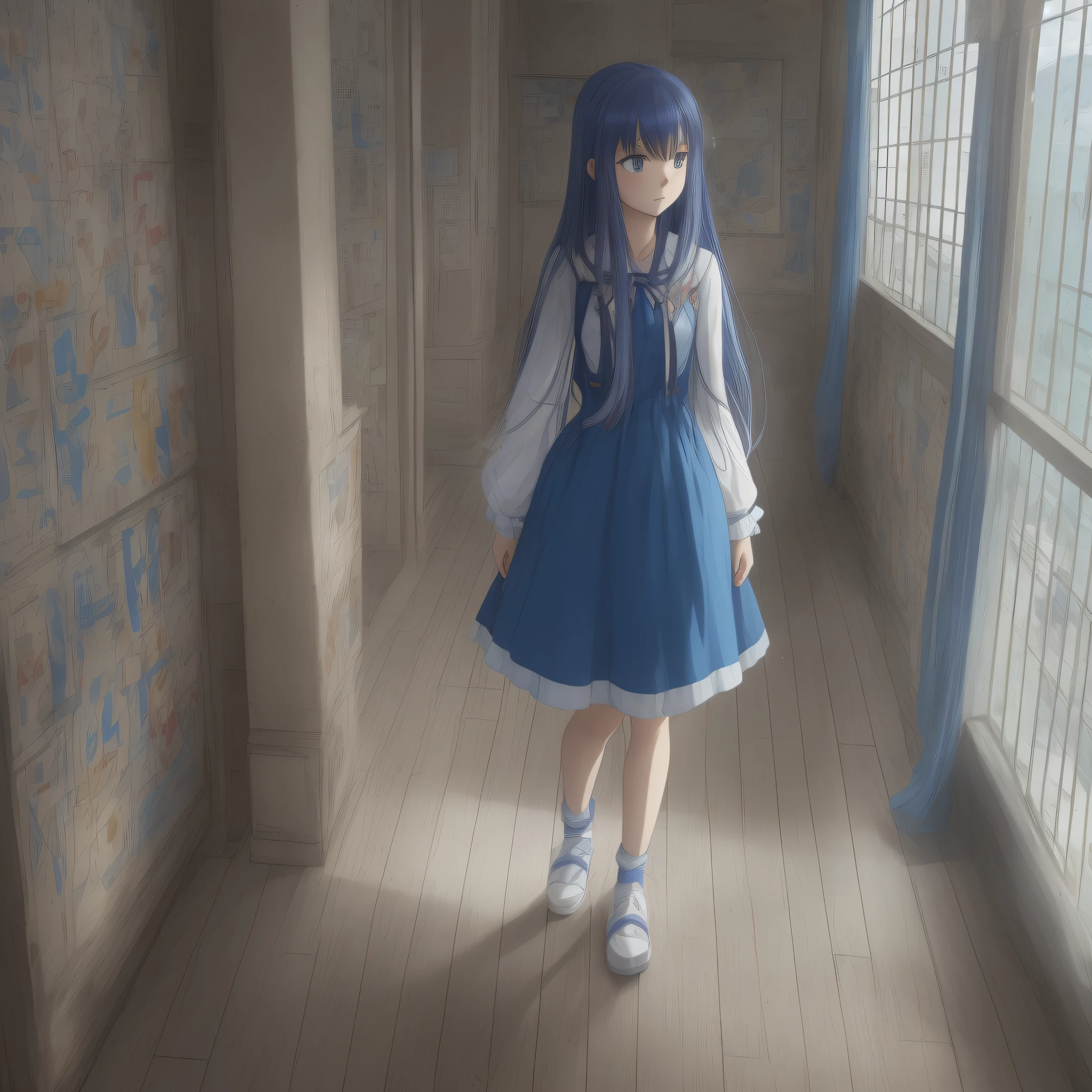 anime girl with long hair and blue dress standing in a room, anime visual of a young woman, screenshot from the anime film, in the anime film, anime still film anime shikishi, rin, today's featured anime still, she has a distant expression, shikamimi, shirabii, shuushuu anime image, ehime --auto --s2