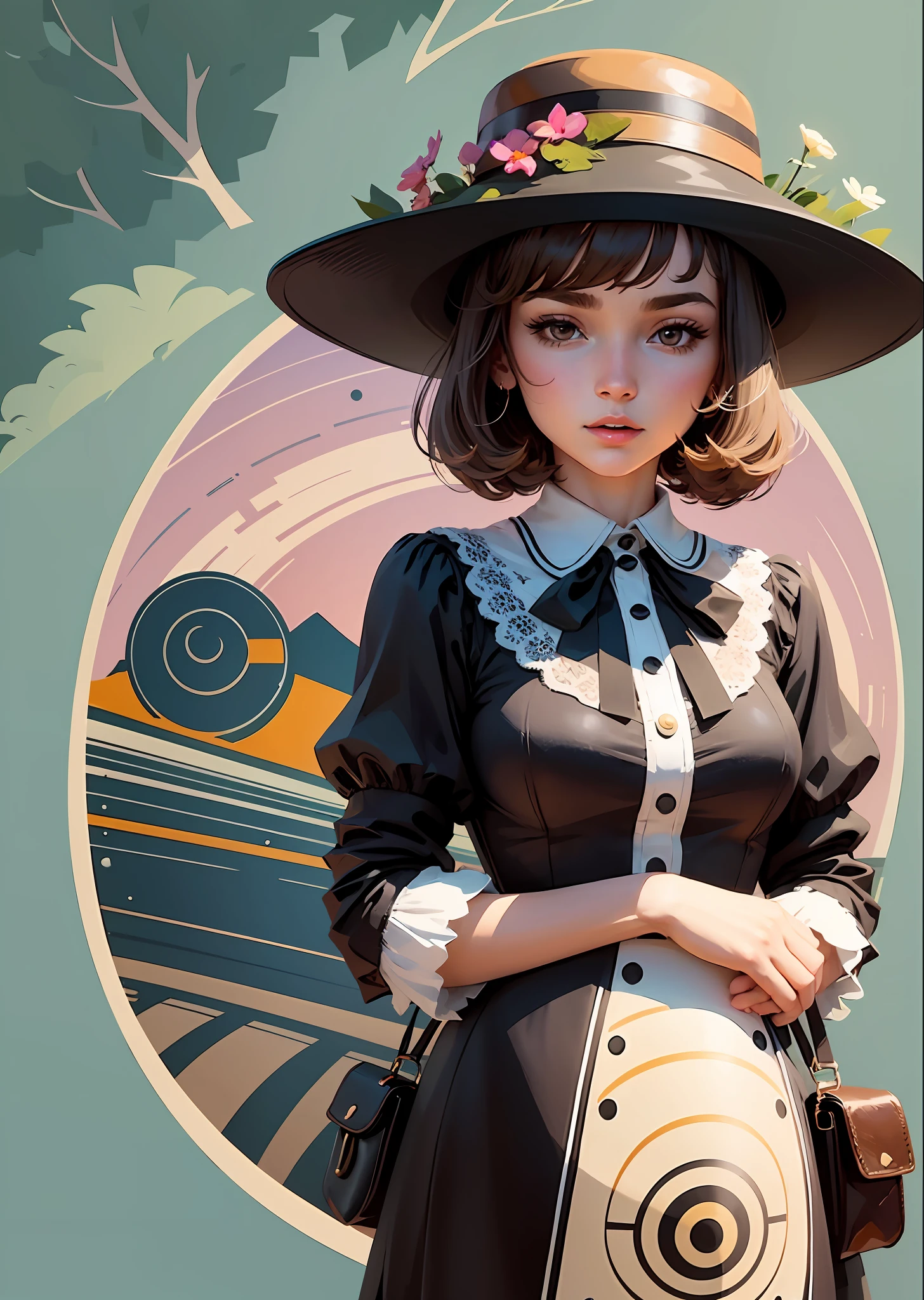Girl in a very short dress, in a huge hat of the 60s in a spring landscape, poster design, vector graphics, in vector style