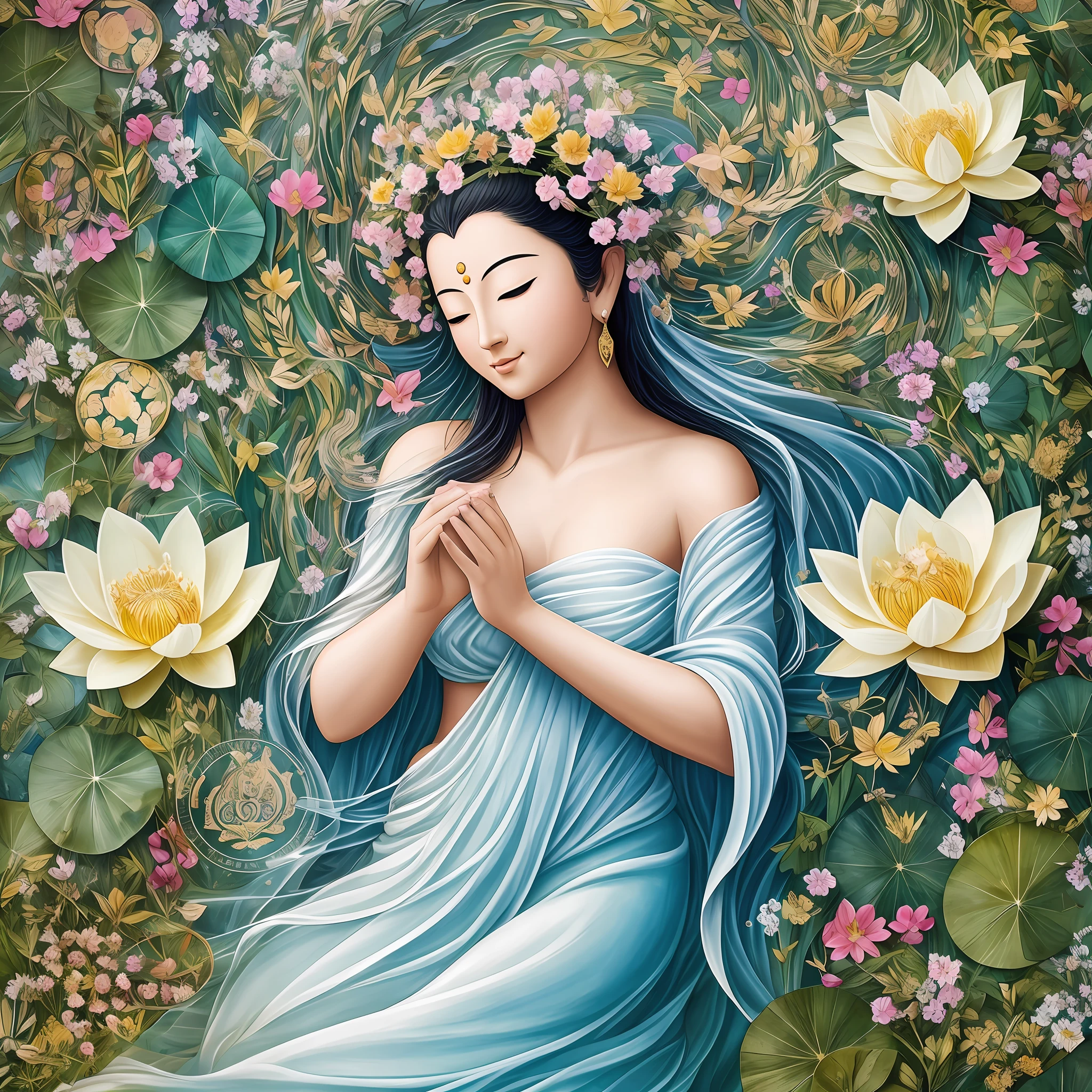 In the splendid natural scenery, a beautiful geographical bodhisattva with her hands folded stands between a sea of flowers, radiating a light of compassion and tranquility.

The geographical bodhisattva has a graceful figure, graceful and feminine. Her face is as clear as water, and her eyes contain wisdom and compassion. She wore long cloud-like hair, flowing gracefully like a waterfall, and her hands held in front of her chest gently clasped together, showing her devotion and humility.

The body of the geographical bodhisattva seems to be composed of natural elements. Her crown is covered with flowers and leaves, like a leafy tree, adding life and vitality to her. Her body is curved, like mountains and rivers winding and undulating, showing the rhythm and grace of the earth.

Her cassock is composed of blue sky and white clouds and flowing rivers, and all kinds of flowers bloom on the cassock, green grass, and petals falling, like the brilliant colors of the earth. The water of the river gushes out of the bodhisattva's robe, which is as clear and pure as a clear spring, giving people a feeling of tranquility and purification.

The Bodhisattva of Geography sits on a blooming lotus flower that blooms with pure light, symbolizing the manifestation of otherworldliness and wisdom. The Bodhisattva is surrounded by a vibrant natural landscape, lush forests, colorful flowers, flying butterflies, all in harmony, showing the beauty and magic of life.

The Bodhisattva of Geography exudes the energy of tolerance and warmth, she is the guardian of the earth and a symbol of wisdom. Her hands folded represent her admiration and devotion, as well as her love for the earth and blessing to all living beings.

Standing in front of the Bodhisattva of Geography, one felt the warmth of the earth and the tranquility of the universe. She brings inner peace and balance, while also inspiring a responsibility to cherish and protect the earth. --auto --s2