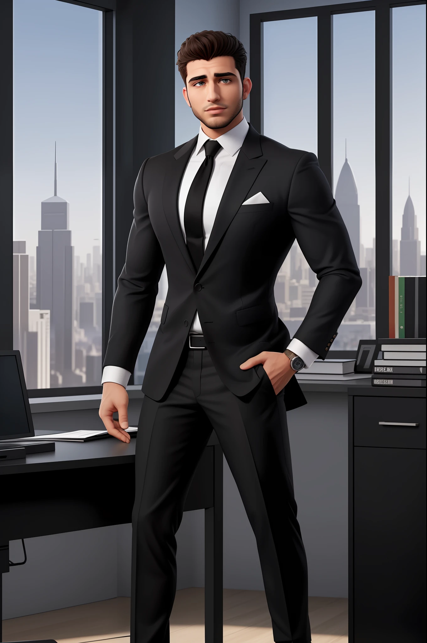 An attractive, muscular, and confident Middle Eastern man sits powerfully in his office, donning a sleek black business suit with a white tie. Windows frame a stunning cityscape behind him. Full body shot of a 25 year old male, with a slightly plump build and strongly resembles Chris Redfield.