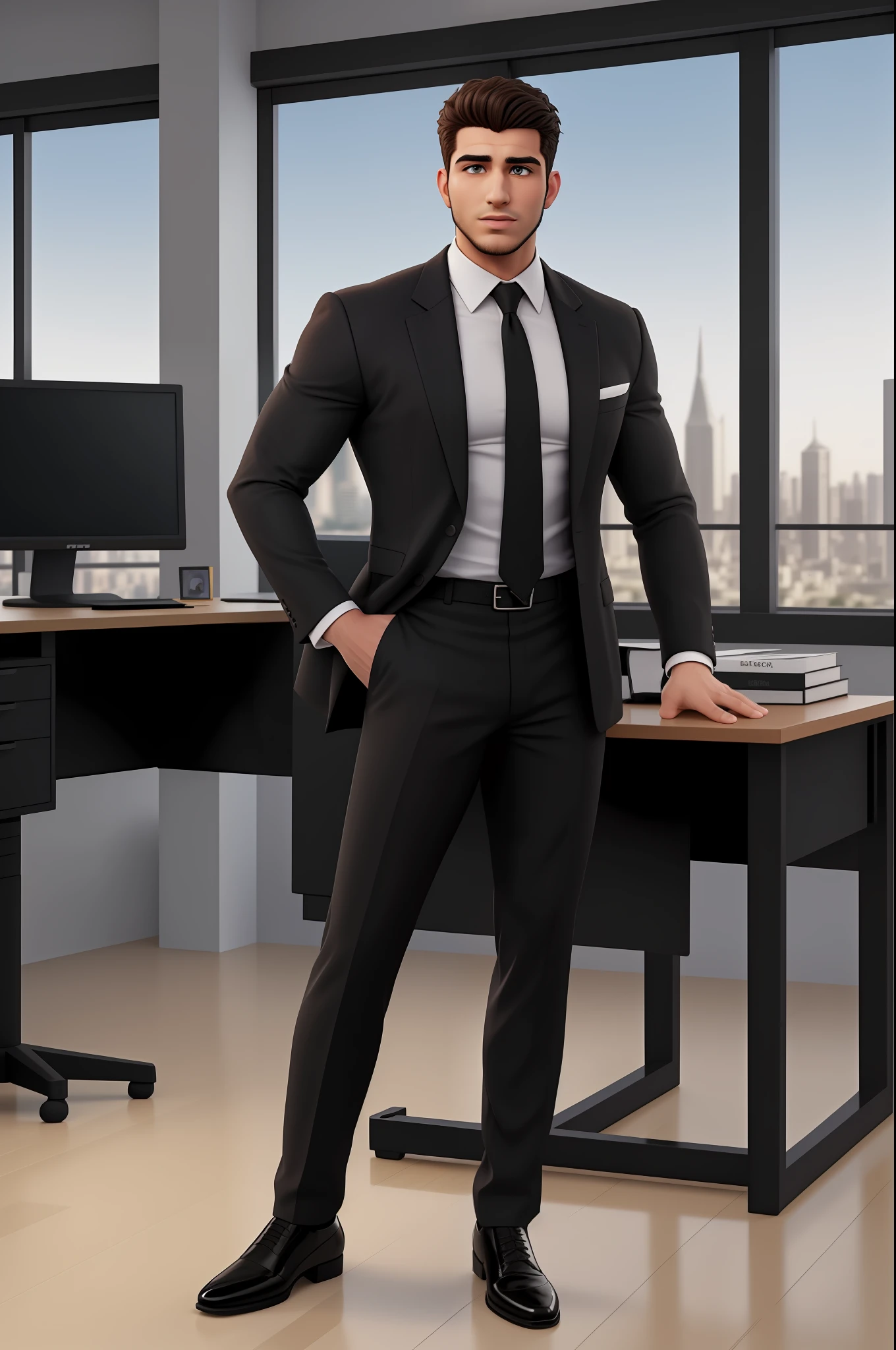 An attractive, muscular, and confident Middle Eastern man sits powerfully in his office, donning a sleek black business suit with a white tie. Windows frame a stunning cityscape behind him. Full body shot of a 25 year old male, with a slightly plump build and strongly resembles Chris Redfield.