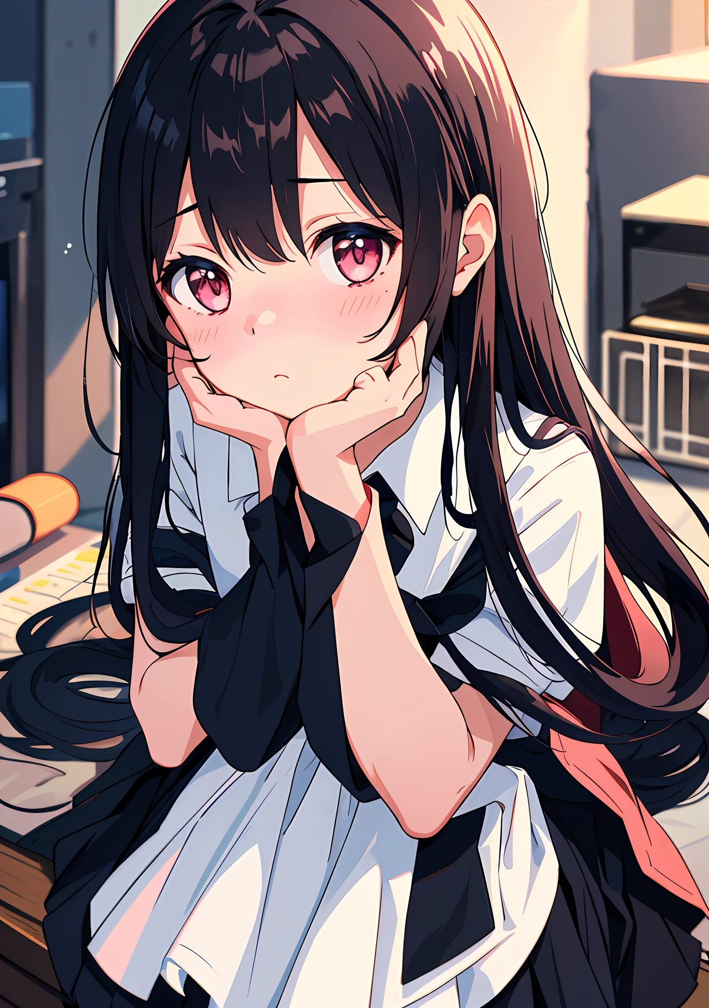 1girl, long black hair, schoolgirl uniform, shy, blush, transparent cloth,(masterpiece, best quality), soft light, cinematic composition, cinematic light