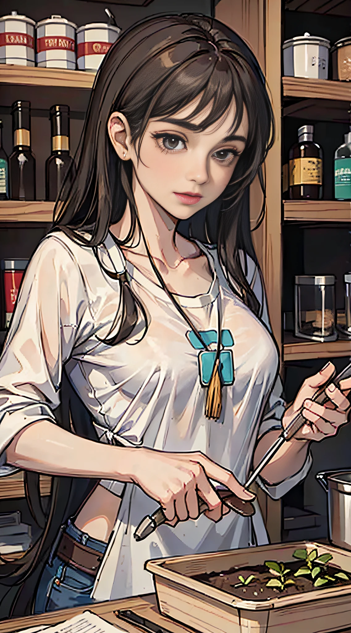 (masterpiece:1.2, best quality), (1lady, solo, upper body:1.2), Clothes: casual, comfortable, sustainable, Appearance: long hair, minimal makeup, natural fabrics, Behavior: empathetic, caring, nurturing, Location: organic farms, community centers, volunteer organizations, Hobbies: gardening, cooking, caring for animals
