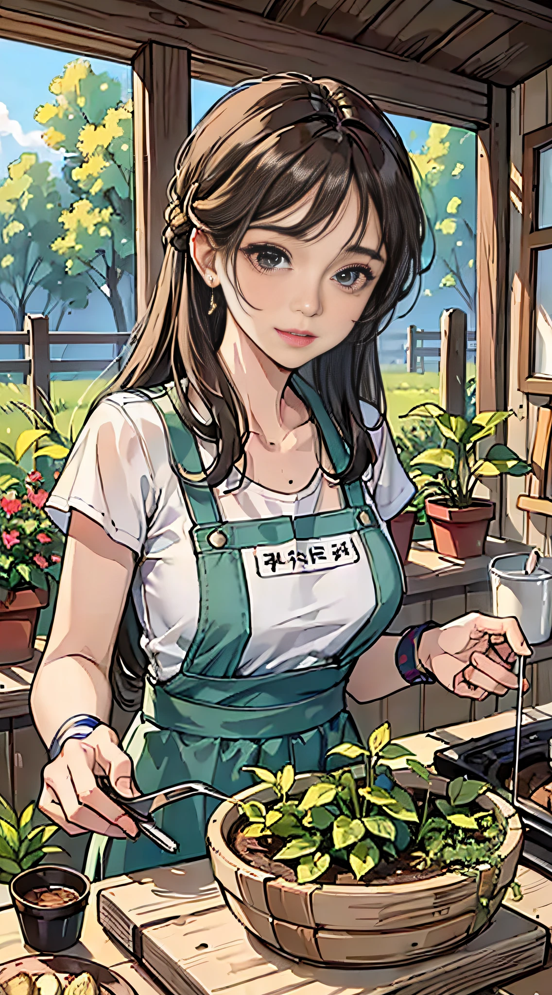 (masterpiece:1.2, best quality), (1lady, solo, upper body:1.2), Clothes: casual, comfortable, sustainable, Appearance: long hair, minimal makeup, natural fabrics, Behavior: empathetic, caring, nurturing, Location: organic farms, community centers, volunteer organizations, Hobbies: gardening, cooking, caring for animals