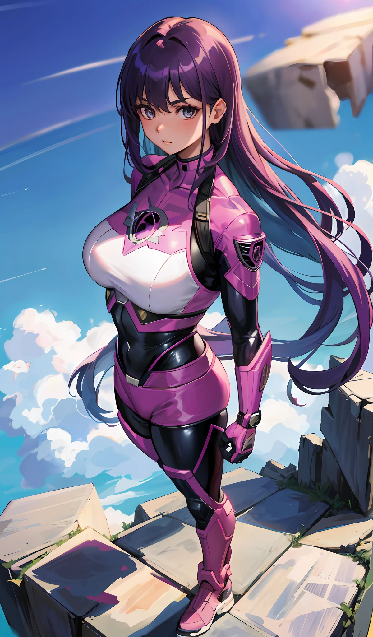 4K, realistic, charismatic, very detailed, there is a girl in the sky, wearing a power ranger, she is a power ranger, superhero theme, purple hair, 25 years old, full body