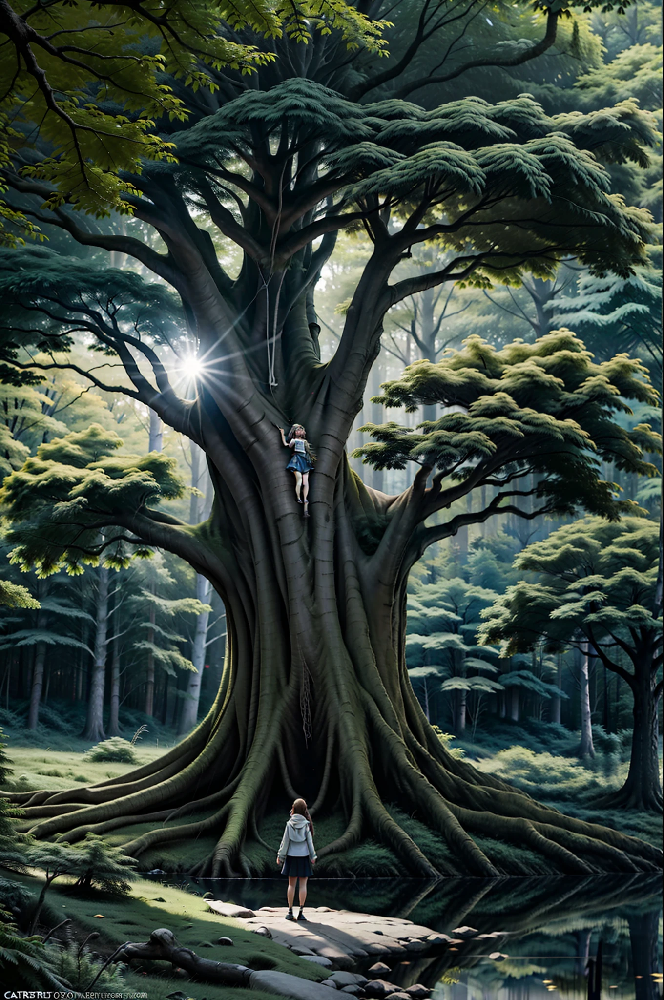 A giant tree, a girl trapped in the tree, almost assimilated with the body, hands and feet of the tree, wrapped in the tree, and a part of the forest with the tree. Trees, hills, bushes, trees. Frostbite Engine. Illustration. Sailor Moon. Masterpiece. trending on artstation, featured on pixiv, award winning, cinematic composition, dramatic pose, sharp, details, Hyper-detailed, HD, HDR, 4K,  giant tree, a girl trapped in the tree, almost assimilated with the body, hands and feet of the tree, wrapped in the tree, and a part of the forest with the tree. Trees, hills, shady, blue waters, reflections, Darek Zabrocki, Karlkka, trending on Artstation, 311, 8K