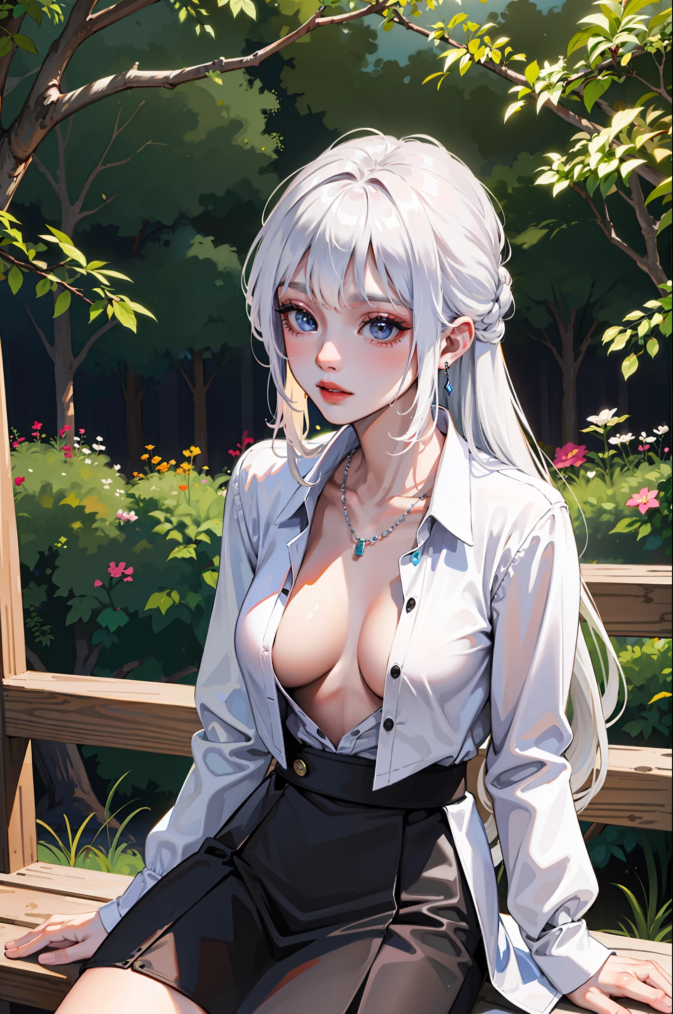 (Best Quality, 8K, Masterpiece), (A Beautiful Girl with White Hair, Super Pink Long Hair, Big Eyes: 1.3, Long Eyelashes, Delicate Makeup: 1.4, Sexy Lips, Blush), (Exquisite Watch, Silver Reflective Heart-shaped Necklace, Bulgari Earrings, Bulgari Ring), Reduced Suit Size, (Sitting on a Park Bench with Behind the Built-up Leaves and Plants), (Wearing a white shirt with 2 buttons open, mid-breast, cleavage), black oily transparent pantyhose, hip skirt, (Sit and bend over, take off your shoes with your hands, expose your feet), Best Light, Best Shadows, Cinema Lighting, 26 Years Old, 1Girl, Acura, (Real Skin, Supple Skin) Ray Tracing, Unreal Engine 5, Reflective Skin, Digital Illustration, Game CG Characters, Supermodel