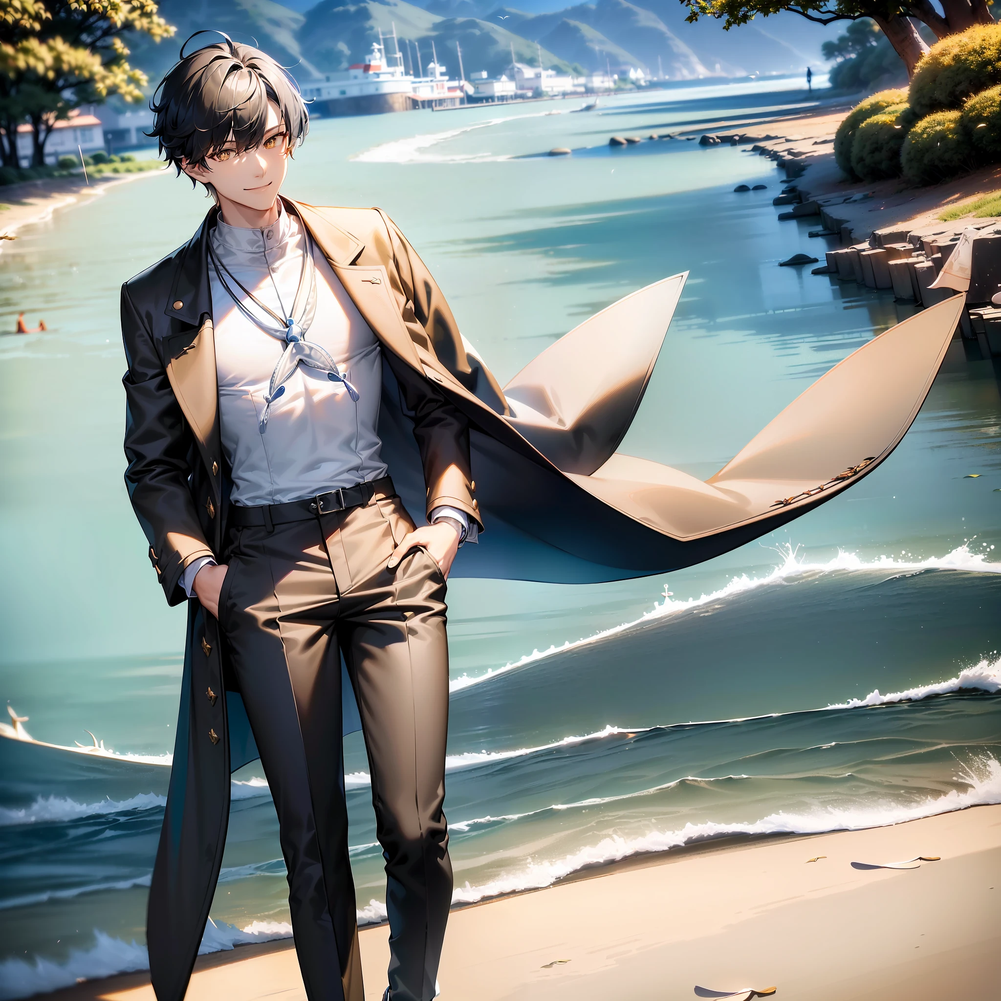 Dan Heng, Honkai Star Rail, (masterpiece, best quality, high quality, 4K), human, male, (((solo))), mature, black short hair, slim, ((yellow pupils)), detailed eyes, front view, (clothing, (topwear: (dark-gray coat, (white t-shirt)), bottomwear:(pants: dark gray), standing, coat fluttering, detailed clothing, coat collar, tall, smiling, (((seaside))), trees, falling leaves, (detailed background)