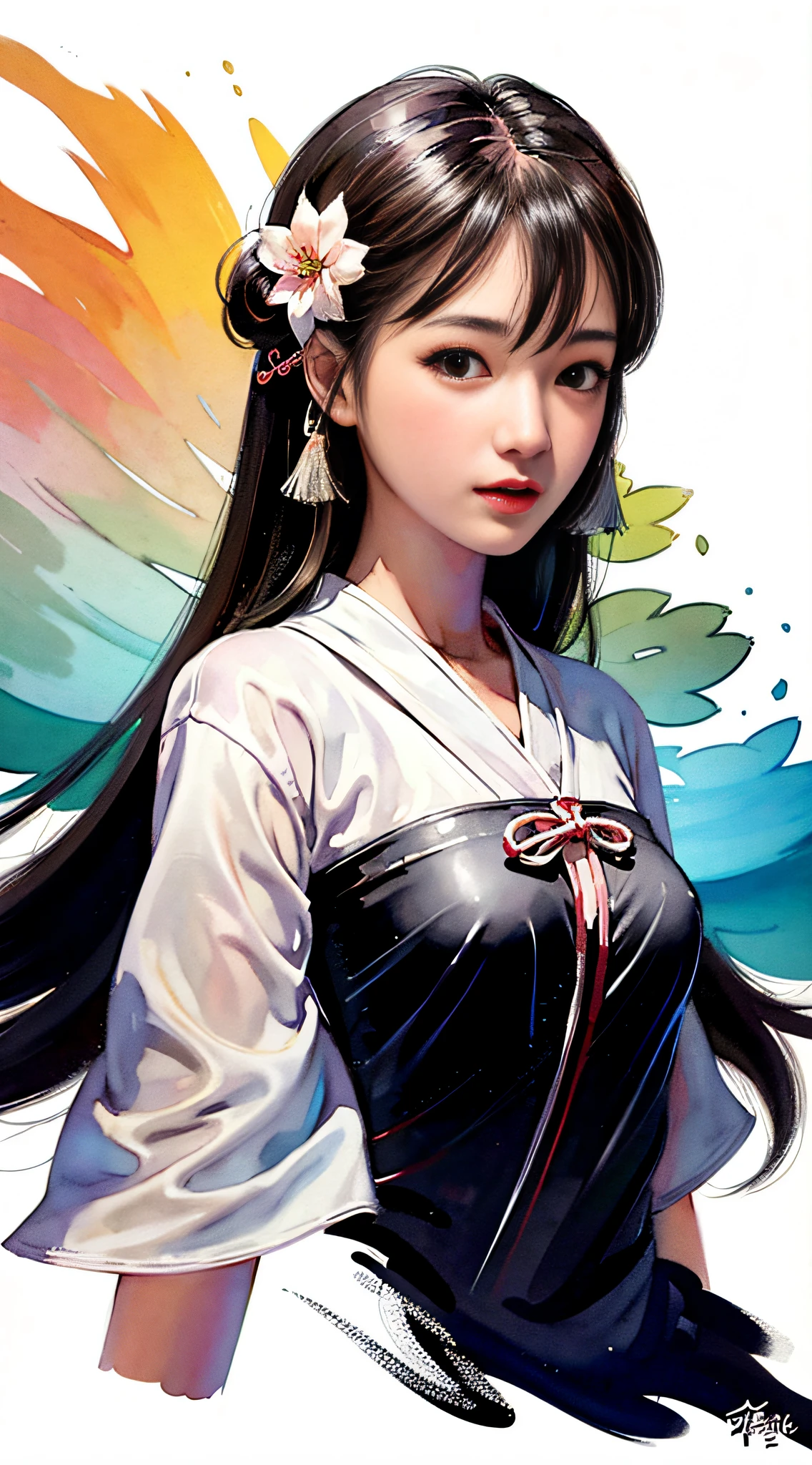 stechu,(white background:1.4), ((tachi-e)), original,(illustration:1.1),(best quality),(masterpiece:1.1),(extremely detailed CG unity 8k wallpaper:1.1), (colorful:0.9),(panorama shot:1.4),(solo:1.2), (ink splashing),(color splashing),((watercolor)), clear sharp focus,{ 1girl standing },((korean style )),flower background,outdoors,rocks, looking at viewer, soft smile,pure,beautyfull detailed face and eyes,beautyfull intricacy clothing decorative pattern details, black hair,black eyes,colorwater