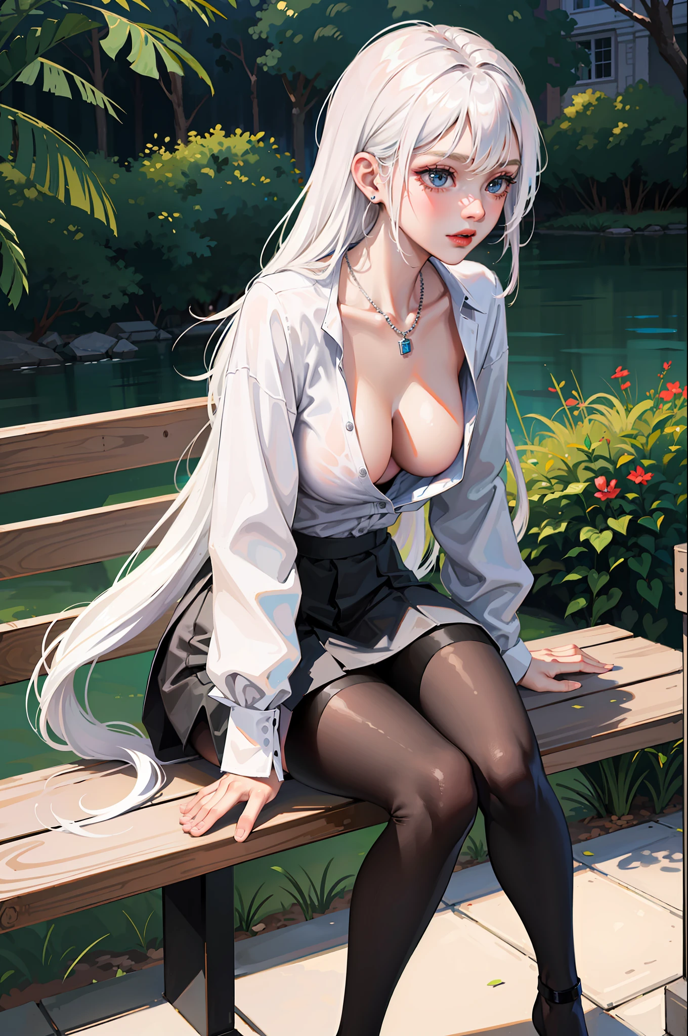 (Best Quality, 8K, Masterpiece), (A Beautiful Girl with White Hair, Super Pink Long Hair, Big Eyes: 1.3, Long Eyelashes, Delicate Makeup: 1.4, Sexy Lips, Blush), (Exquisite Watch, Silver Reflective Heart-shaped Necklace, Bulgari Earrings, Bulgari Ring), Reduced Suit Size, (Sitting on a Park Bench with Behind the Built-up Leaves and Plants), (Wearing a white shirt with 2 buttons open, mid-breast, cleavage), black oily transparent pantyhose, hip skirt, (Sit and bend over, take off your shoes with your hands, expose your feet), Best Light, Best Shadows, Cinema Lighting, 26 Years Old, 1Girl, Acura, (Real Skin, Supple Skin) Ray Tracing, Unreal Engine 5, Reflective Skin, Digital Illustration, Game CG Characters, Supermodel