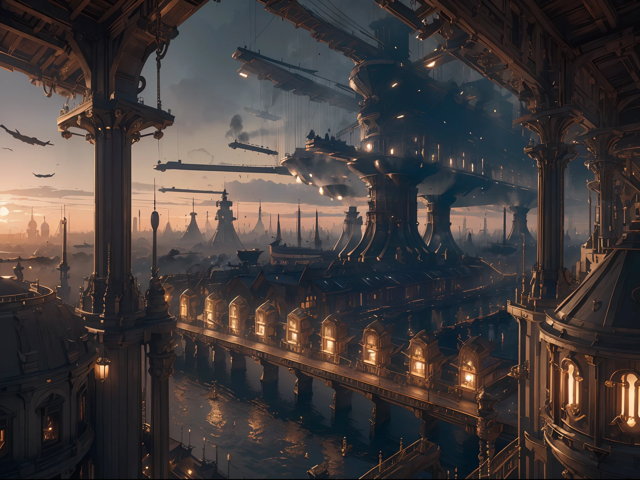 (exquisitely detailed CG unity 8k wallpaper, masterpiece-quality with stunning realism), (best illumination, best shadow, dark and foreboding), (best quality), (Factory city:1.2, pipes:1.2, smoke, airships:1.2, Steampunk style:1.3, Steampunk aesthetics:1.3, good detail:1.1)