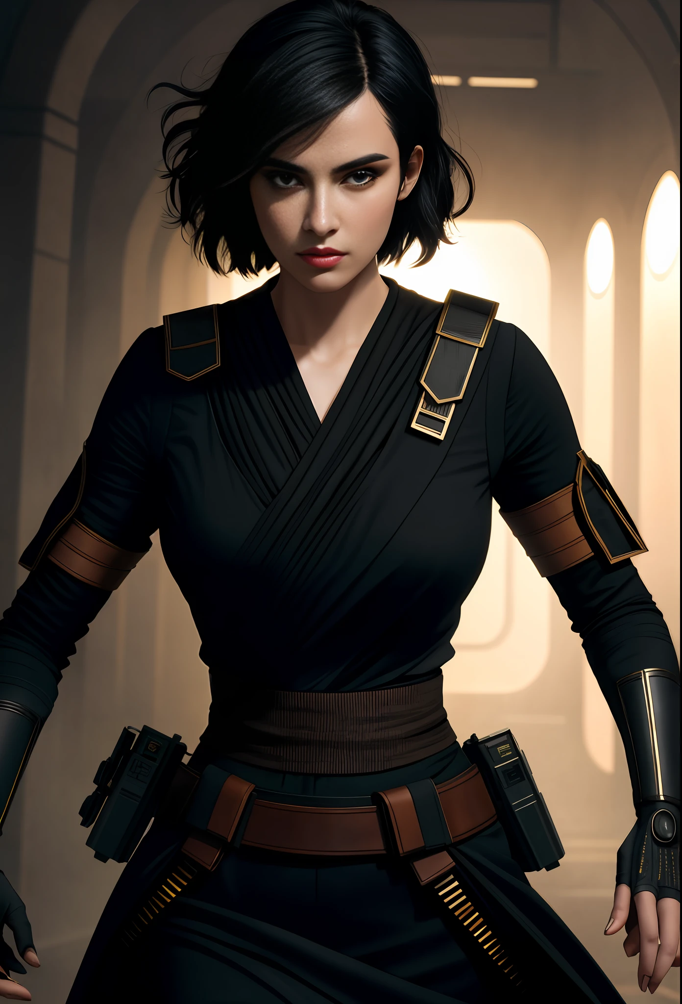 RAW photograph, best quality, masterpiece, an extremely beautiful, extremely detailed, unity, 8k wallpaper, Amazing detailed, finely detailed, masterpiece, best quality, official art, extremely detailed CG unity 8k wallpaper, ultra-detailed, highres, extremely detailed, clear, focused, (best quality), (realistic, photo-realistic:1.6), 8k, bright lighting, high quality, cinematic lighting, 1girl, centered, full body, short black hair, (sweat:1), perfect fingers, star wars