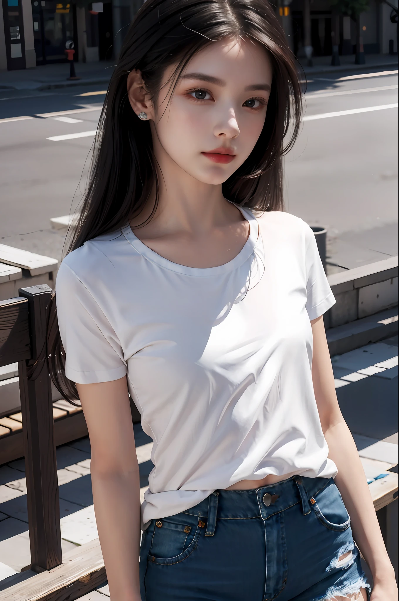 Best Quality, Masterpiece, Ultra High Resolution, (Realistic: 1.4), Original Photo, (Evening Street), 1 Girl, Black Eyes, Looking at the Audience, Long Hair, Light Makeup, Lips, Small Ears, White T-Shirt, Denim Shorts, ((Realistic Lighting, Best Quality, 8K, Masterpiece: 1.3)), Clear Focus: 1.2, 1girl, Beautiful Woman in Perfect Shape: 1.4, (Outdoor, Seaside: 1.1), City Street, Super Fine Face, Fine Eyes, Double Eyelids,