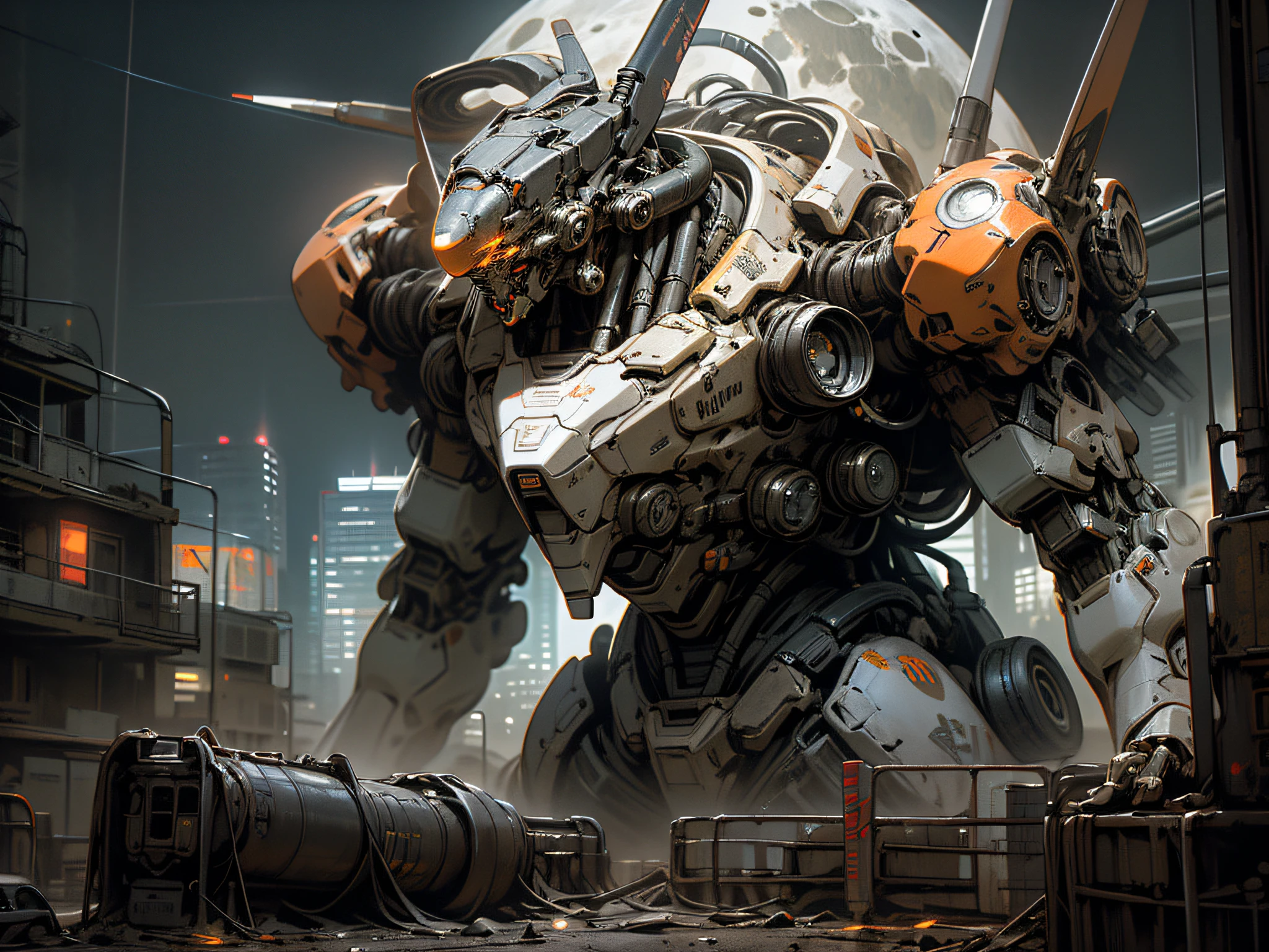 On the moon,barren planets, ruins, holding_weapon, no_humans, glowing, robot, building, glowing_eyes,orange mecha, science_fiction, city, realistic,mecha,Milky Way Galaxy background,neon,cyberpunk,steampunk chrome white black