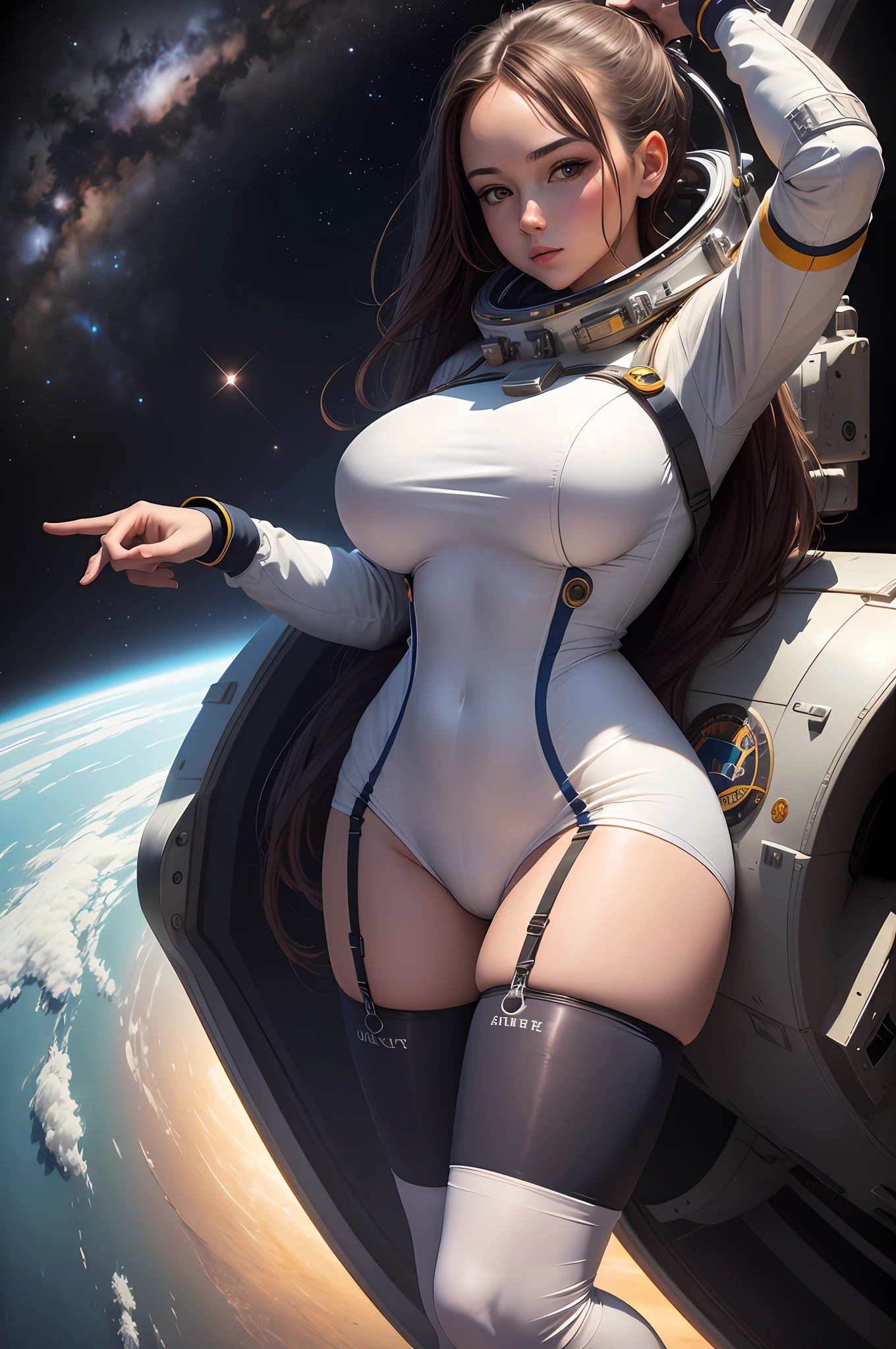 High Resolution, Masterpiece, Super Detailed, Astronaut Girl, Stockings, Beautiful Figure, Big Breasts, Space, Floating