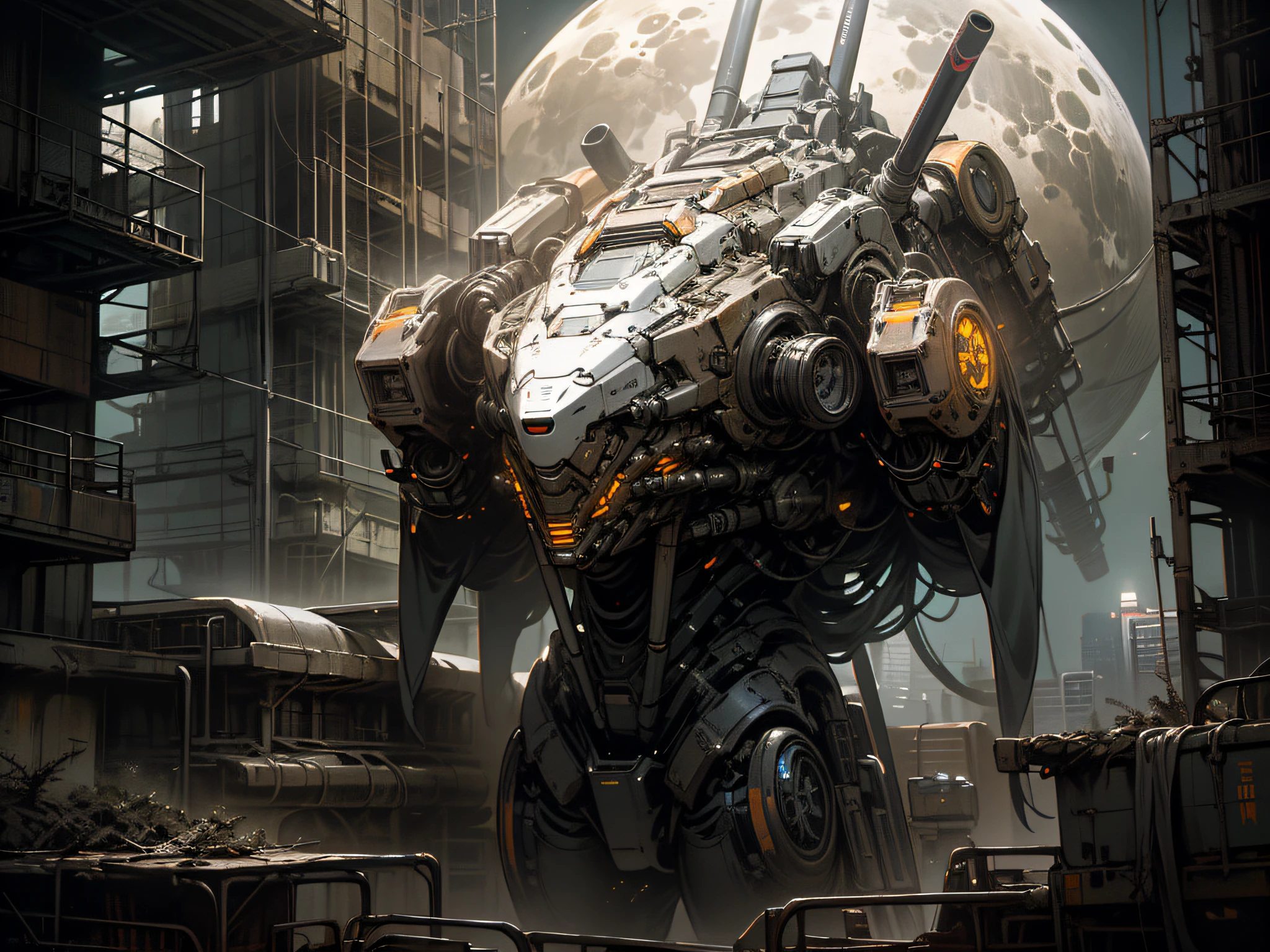 On the moon,barren planets, ruins, holding_weapon, no_humans, glowing, robot, building, glowing_eyes,orange mecha, science_fiction, city, realistic,mecha,Milky Way Galaxy background,neon,cyberpunk,steampunk chrome white black
