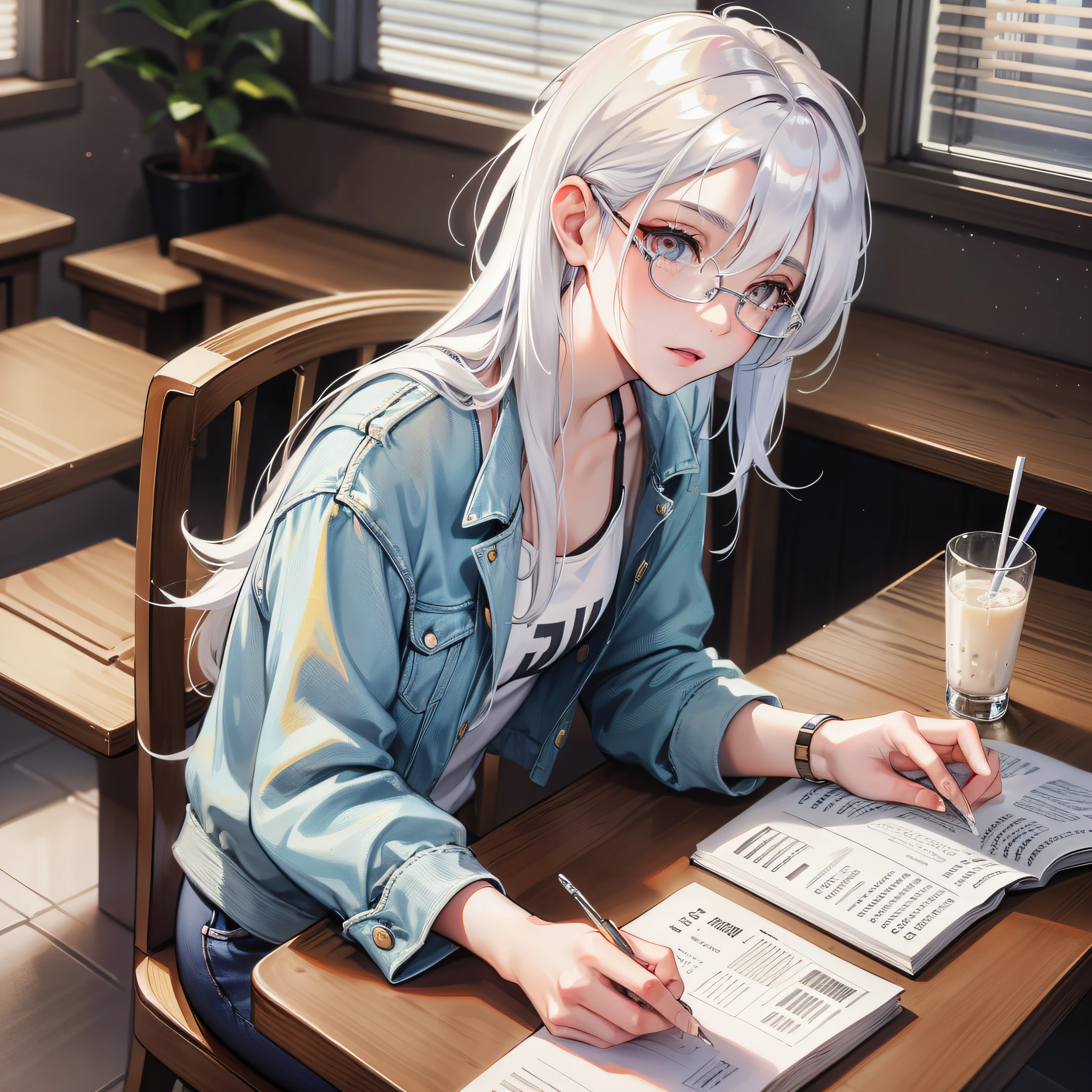 White hair, upper body Jack, lower jeans, sitting in a chair, doing homework, 18-year-old girl, with glasses, high and cold personality, this milk and bread on the table
