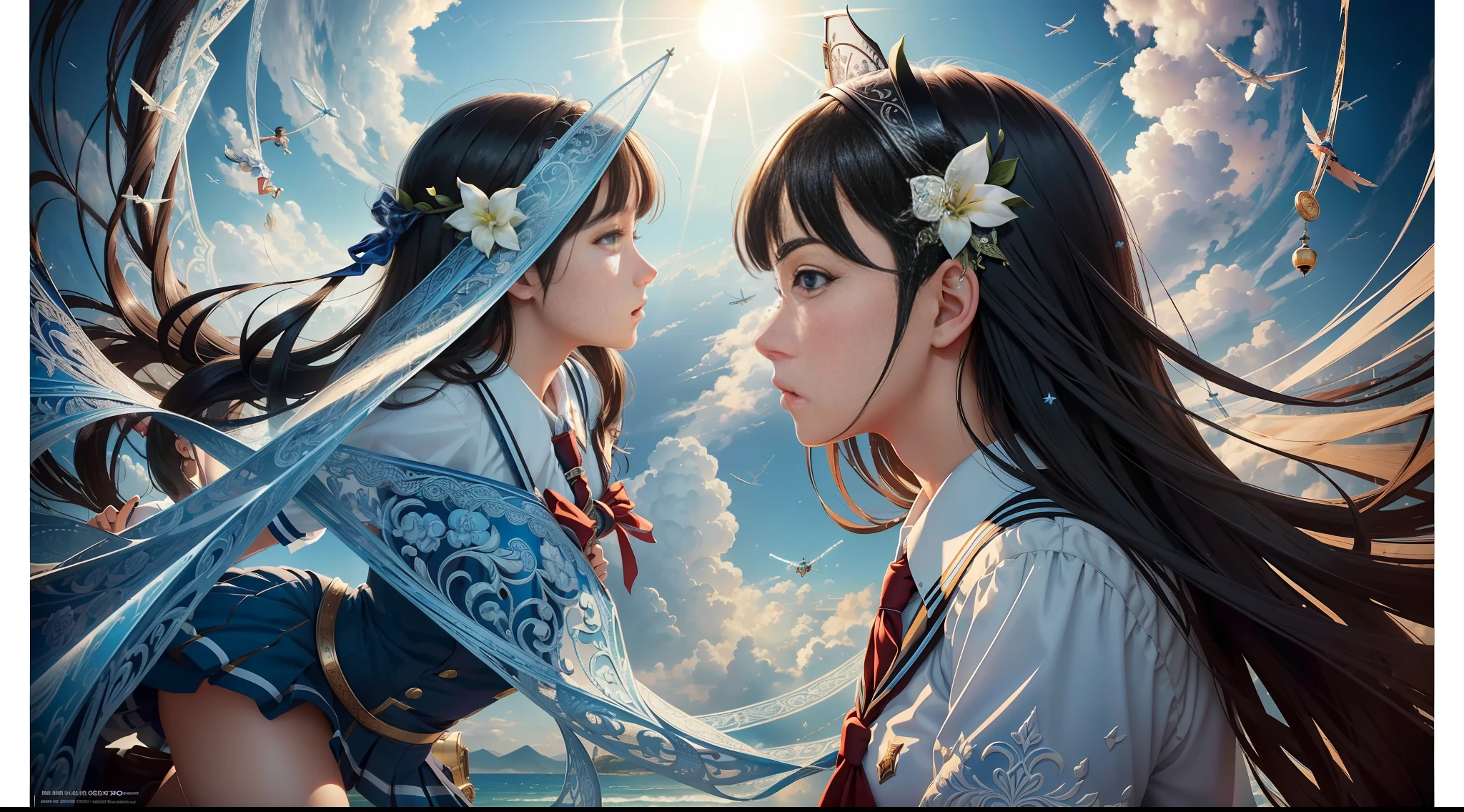 ((masterpiece)), (((best quality))), ((ultra-detailed)), (Amazing:1.1), blue sky, two high school girls, (((((flying in the air))))), (((flying sky))), they are realistic, they are very cute high school girl, black hair and black eyes, beautiful legs, beautiful profile, (((wearing school uniform))), two high school girls are flying sky, concept art, raw, detailed background, complex background, wallpaper, poster, sharp focus, hyperrealism, insanely detailed, lush detail, filigree, intricate, crystalline, perfectionism, max detail, 4k uhd,