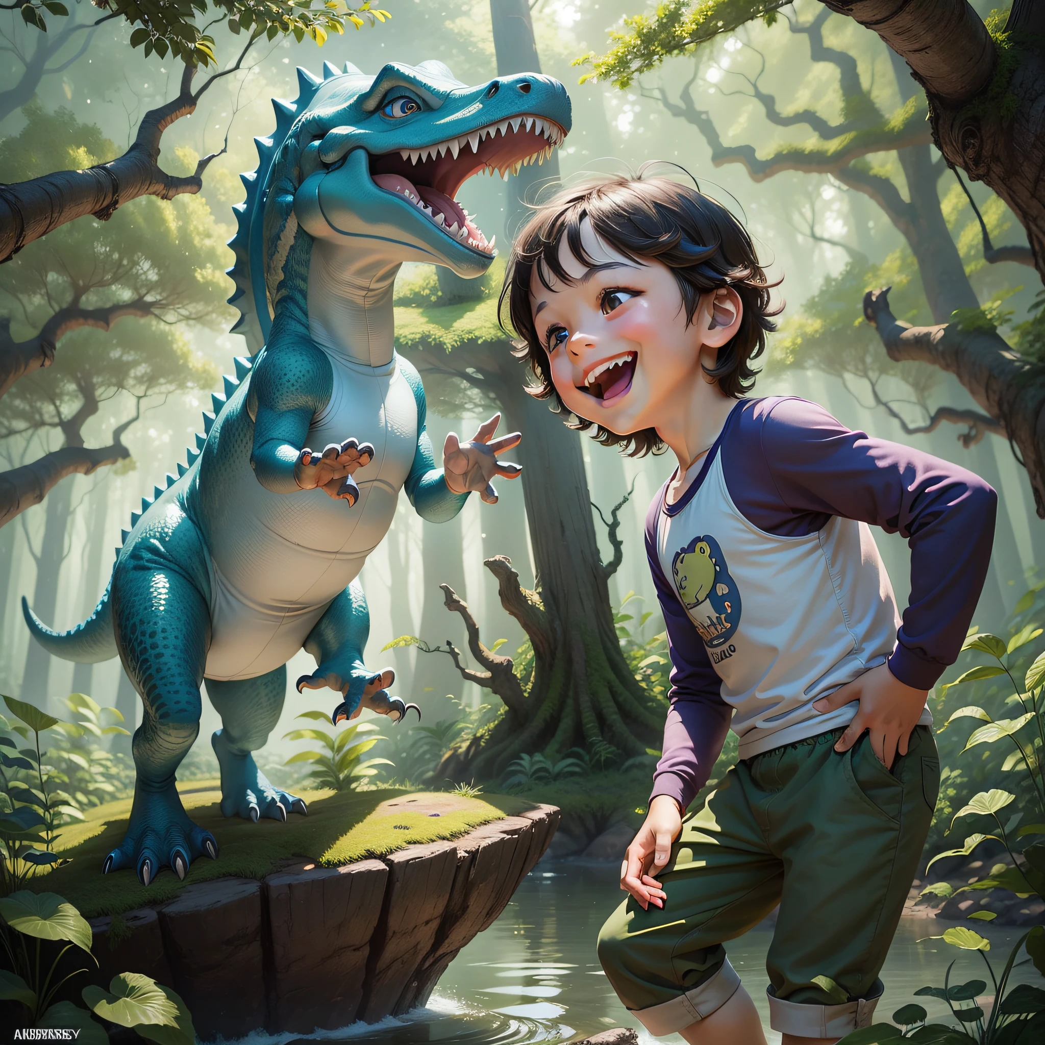 Create Disney-like images for the scenes described that will be used in a children's eBook: In the image, a 6-year-old boy with short caabels and a smiling dinosaur cub with rounded corners are smiling and having fun in a forest.