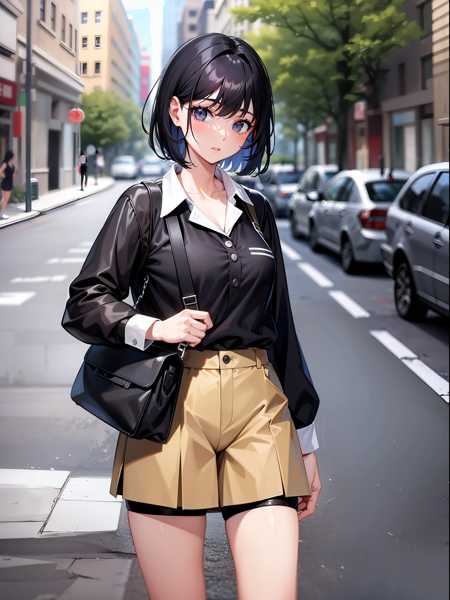 Black hair short, short clothes with white collar sleeves, khaki shorts, pantyhose, girl, outdoor, techno sneakers