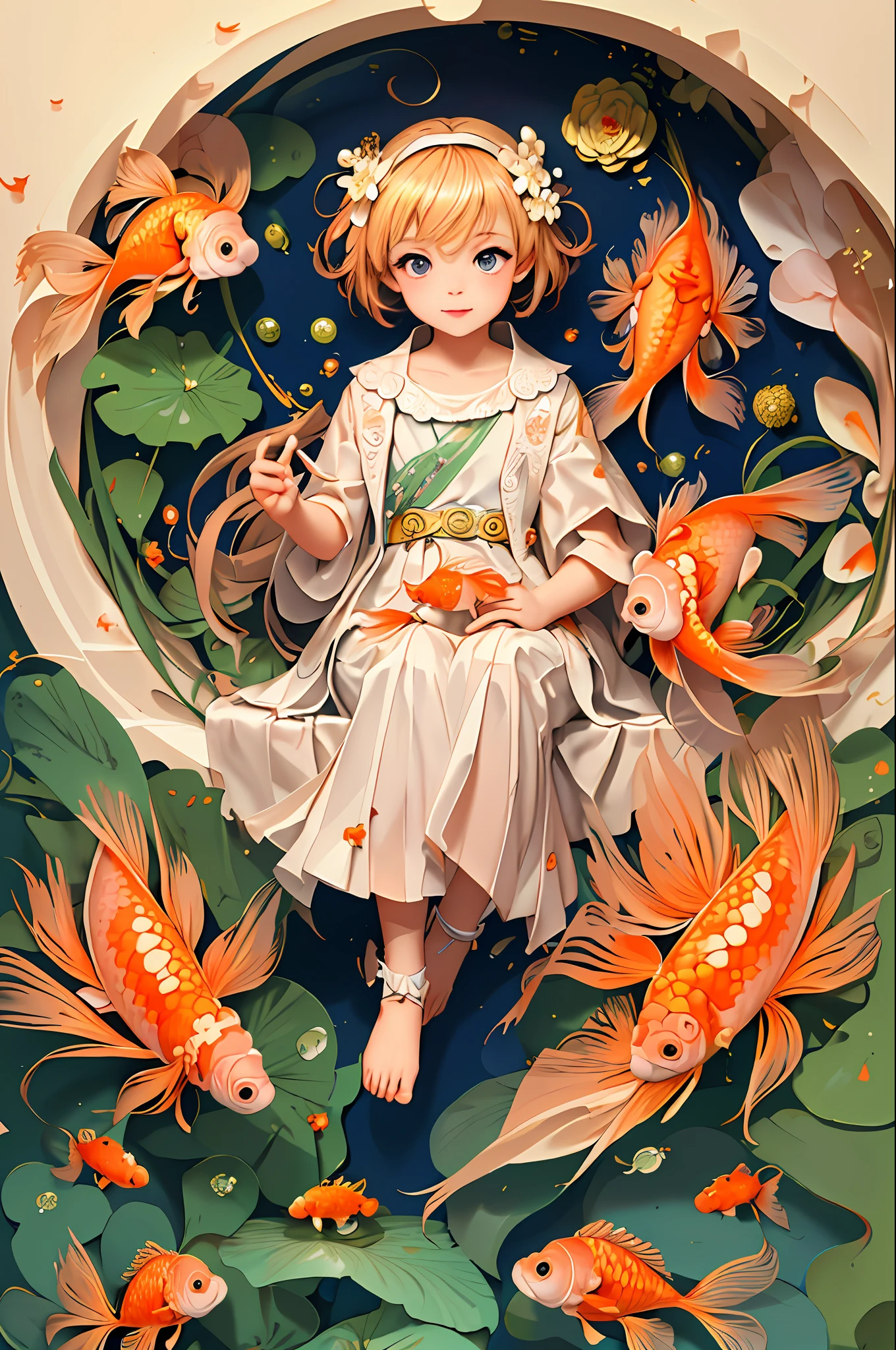 (Masterpiece), Best Quality, Illustration, Beautiful Details Glow, 1 Cute  Girl, Cute Facial Features, Solo, Full Body, White Cloth, Lotus, (Goldfish), Unified 8k wallpaper, detailed, beautiful and aesthetic