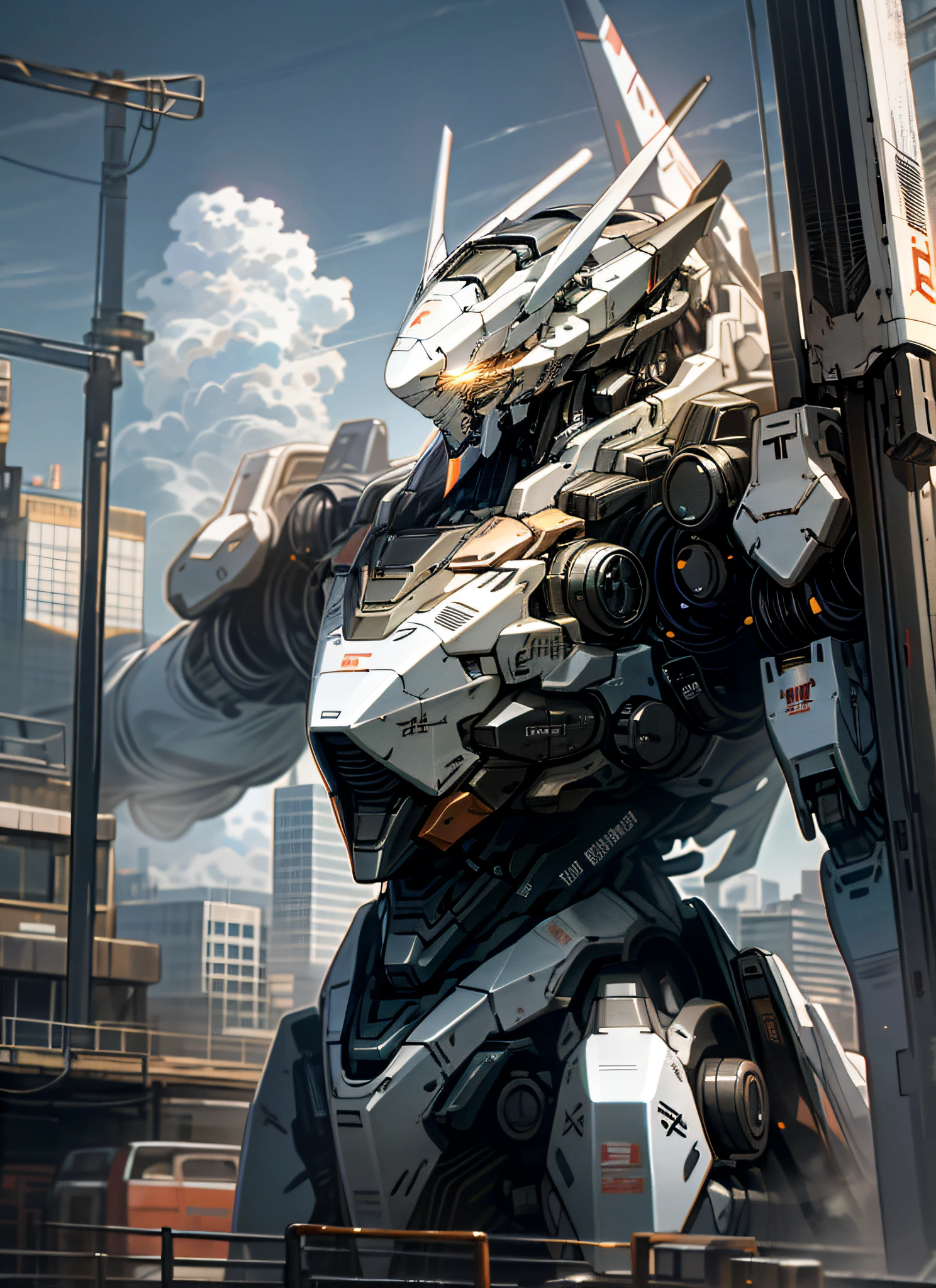 sky, cloud, holding_weapon, no_humans, glowing, , robot, building, glowing_eyes, mecha, science_fiction, city, realistic,mecha