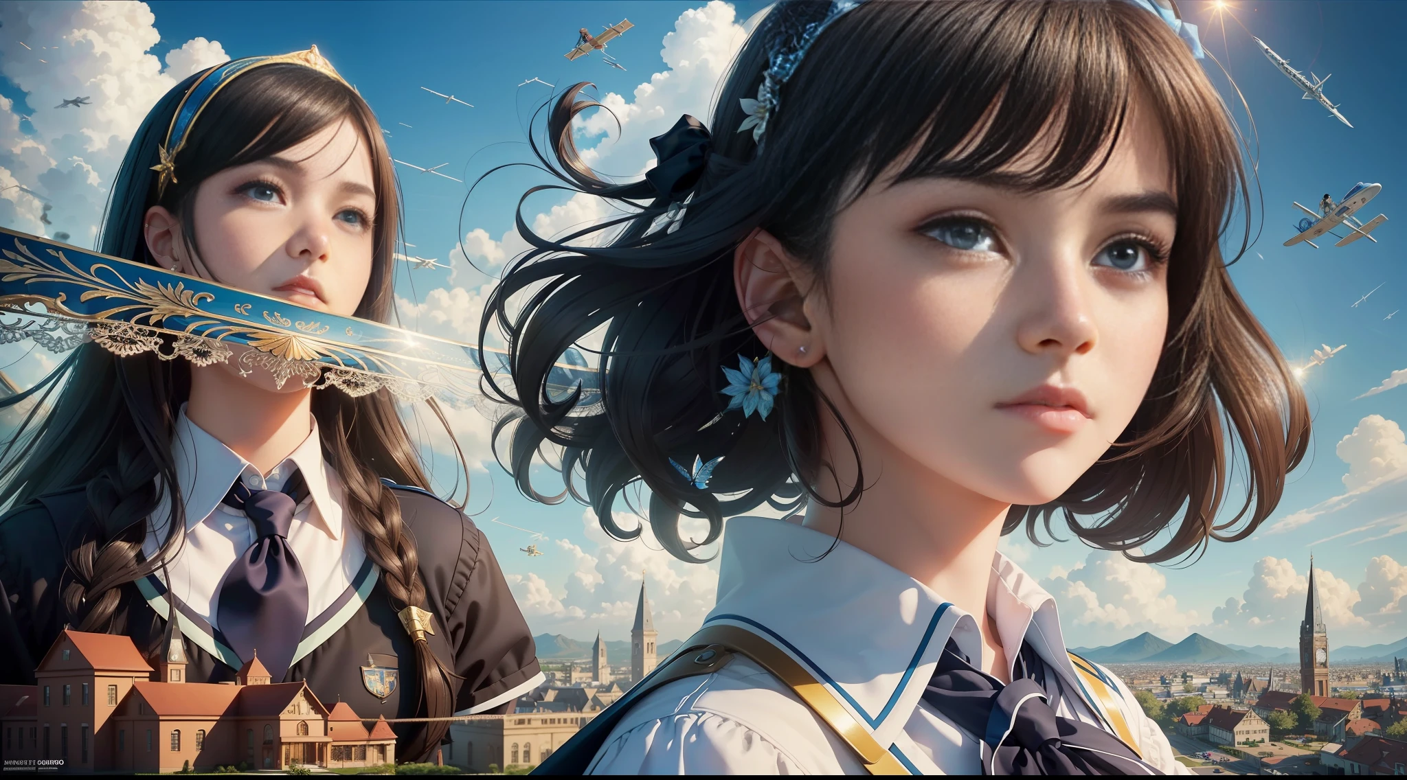 ((masterpiece)), (((best quality))), ((ultra-detailed)), (Amazing:1.1), blue sky, two high school girls, (((((flying in the air))))), (((flying sky))), they are realistic, they are very cute high school girl, black hair and black eyes, beautiful legs, beautiful profile, (((wearing school uniform))), two high school girls are flying sky, concept art, raw, detailed background, complex background, wallpaper, poster, sharp focus, hyperrealism, insanely detailed, lush detail, filigree, intricate, crystalline, perfectionism, max detail, 4k uhd,