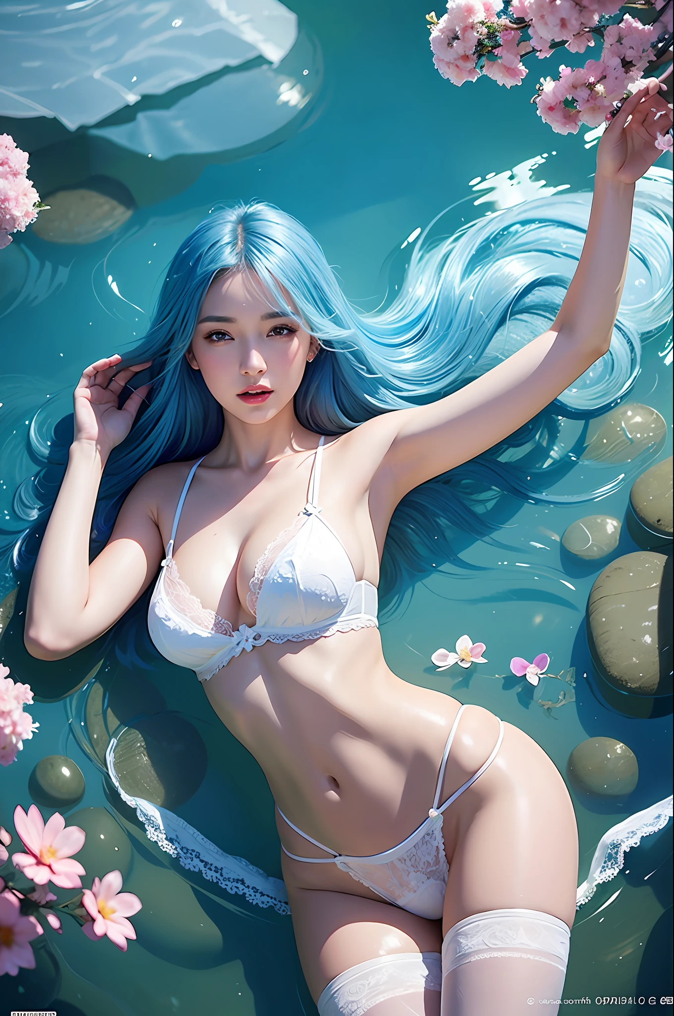 Best image quality, super high resolution, (actual photo: 1.4), white lingerie, white panties, see-through panties, lace panties, beauty with blue hair and flowers floating in the water, beautiful beauty, beautiful digital illustration, beautiful artwork illustration, beautiful digital artwork, beautiful gorgeous digital art, beautiful digital art, Asian woman water element, gorgeous digital art, very beautiful digital art, fantasy closeup with water magic, beautiful fantasy art, beautiful digital painting, beautiful digital illustration, gorgeous digital painting