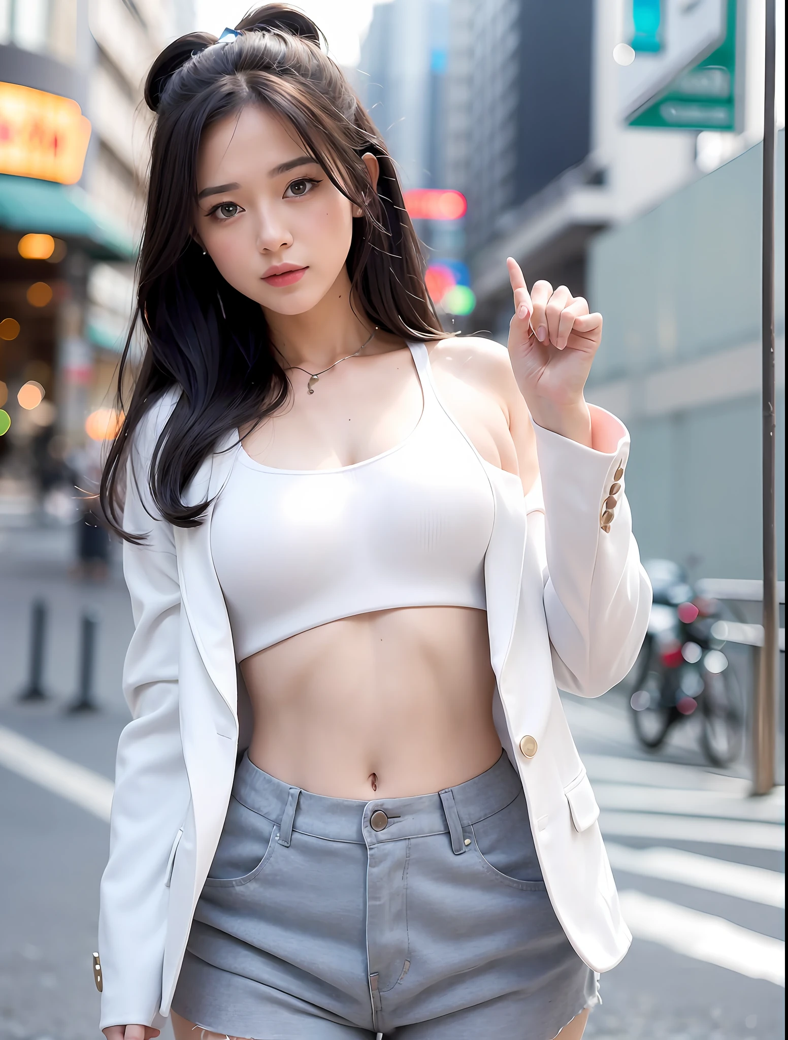 Random Pose, mix4, (8K, RAW photo, top quality, masterpiece: 1.2), (realistic, photorealistic: 1.37), 1 girl, cute, cityscape, night, rain, wet, professional lighting, photon mapping, radiosity, based on physical rendering, gradient black hair, gray hair, short curly, handsome, girl, white ball suit, excellent quality, high resolution, 1080p, (clear face), (detailed face description), (detailed hand description), (masterpiece), (exquisite CG), extreme light and shadow, messy hair, masterpiece, rich details, (exquisite facial features), (best quality), (masterpiece), (delicate eyes), looking forward to your eyes, exquisite collarbone, tight and viscous crop top, pastel colored shorts, Perfect proportions, sexy